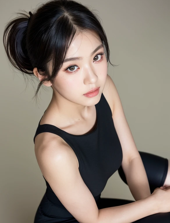 (ultra realistic,32k, masterpiece:1.2),(high detailed skin:1.1),( 8k uhd, dslr, high quality:1.1),
1girl,black hair,bangs andy ponytail,Jumpsuit,Mock Neck Sleeveless Leggings,(red lips:0.8),(mascara:1.1),huge breast,
(looking at viewer, sitting, from above:1.1),
(volumetric lighting:1.1),blank background,