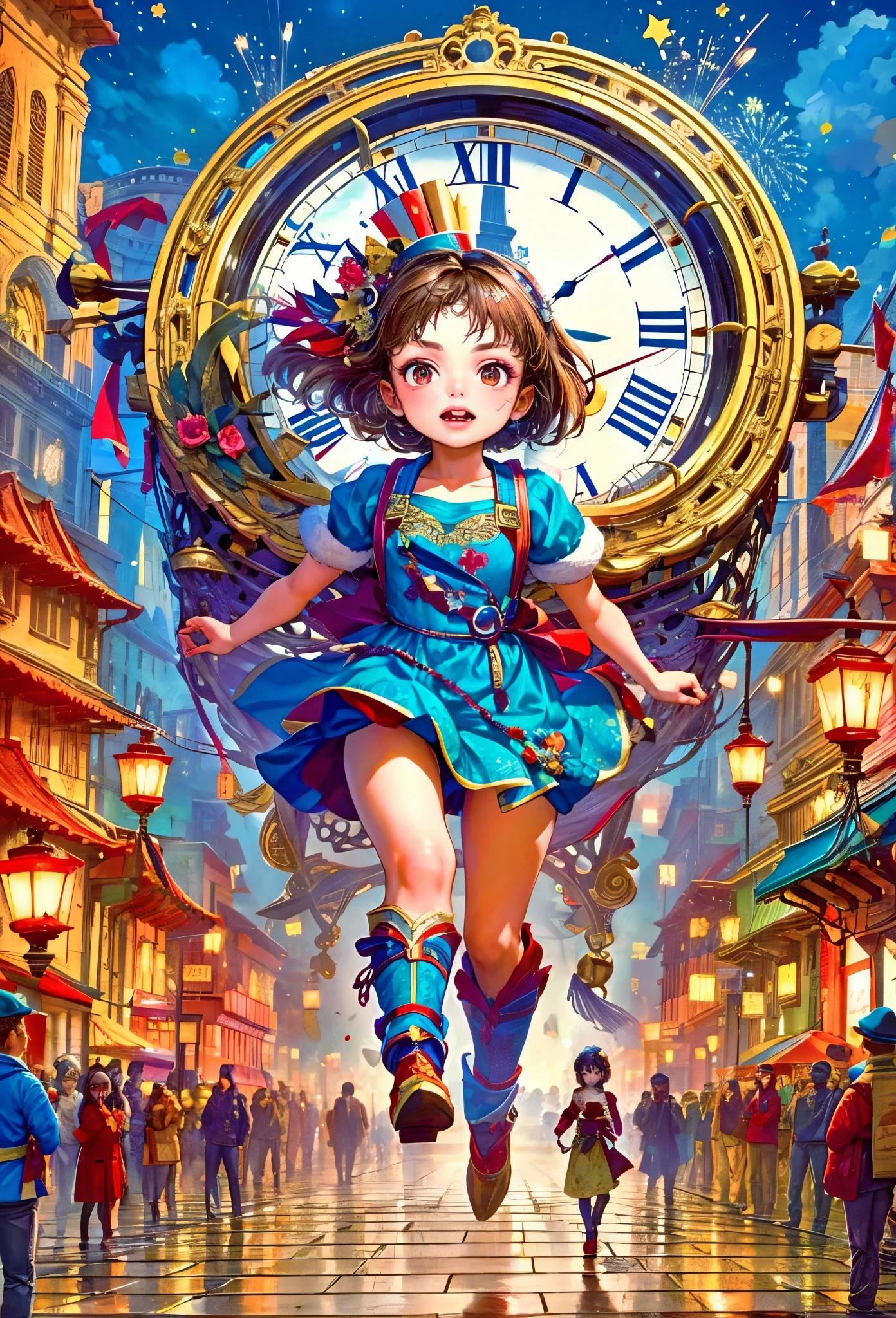 New Year 2024，New Year，Clock hands midnight，flat illustration，flat illustration，(A girl stands on top of a super big clock and runs forward，Look at the audience:1.5)，(anatomically correct, Exquisite face makeup , pretty face, Perfect face proportions，golden ratio body),（Advanced facial details:1.1), full of imagination，warm scene，festive，fireworks，lanterns，celebrate New Year，Vector illustration