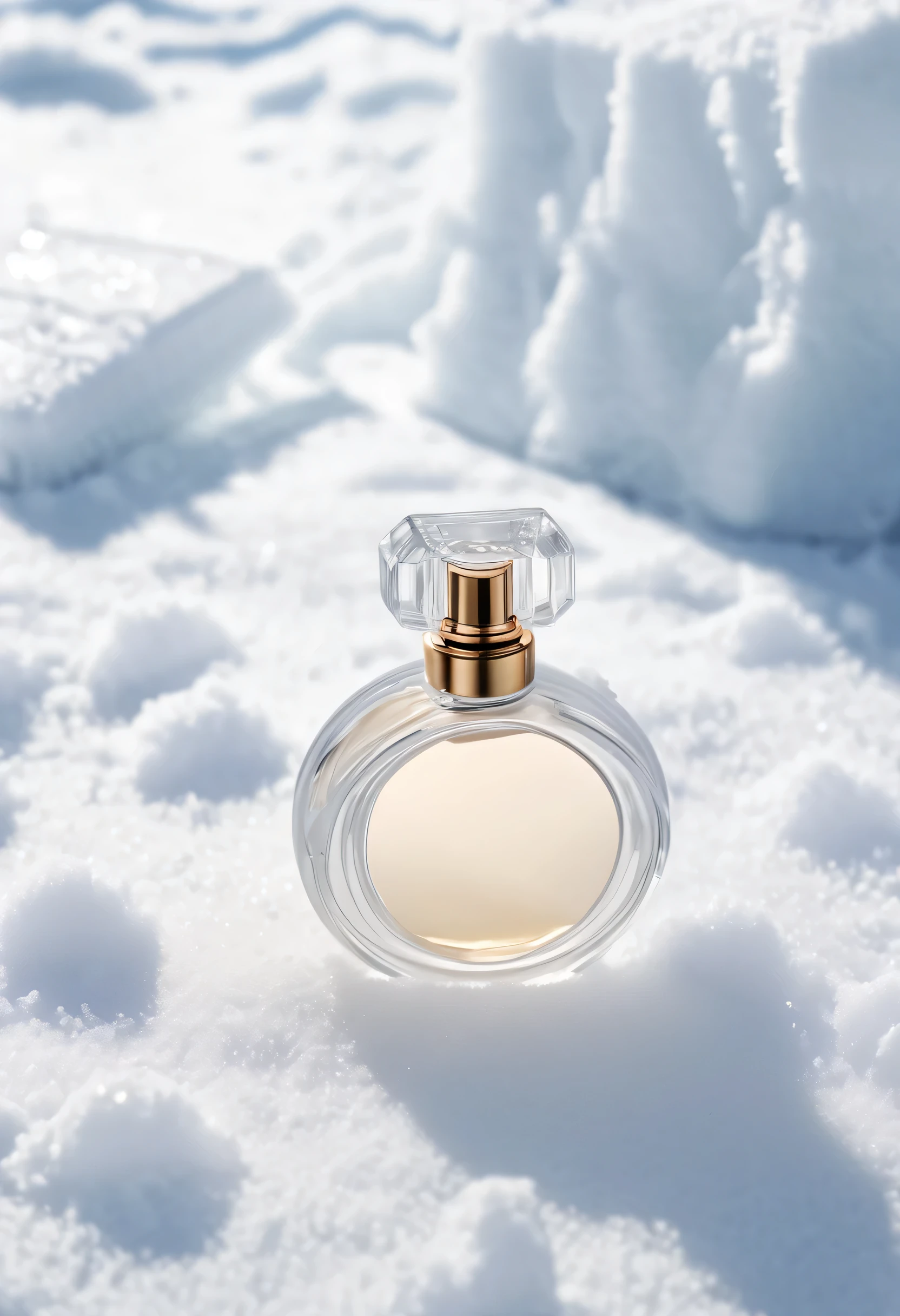 A white frosted round flat bottle containing perfume, placed in snow, surrounded by ice, overhead shot, real shot, commercial photography, center composition, Canon camera, HD 8k