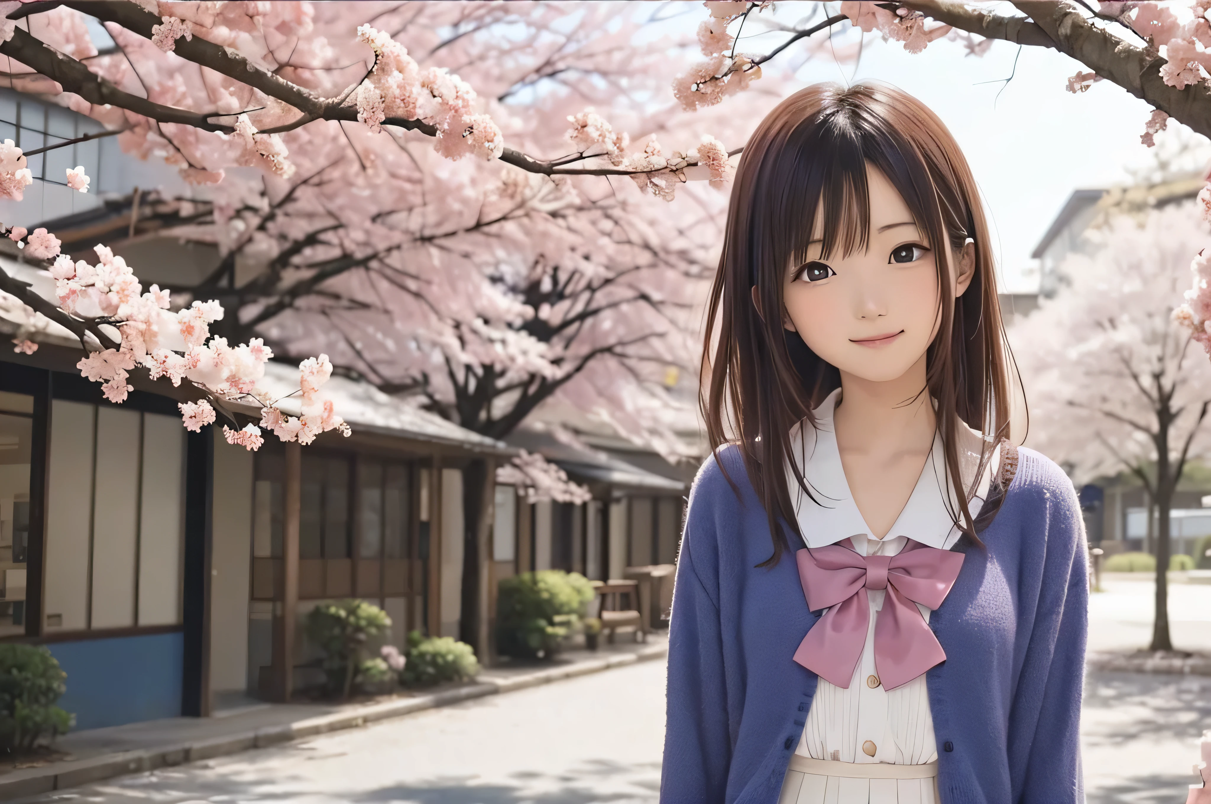 Anime-style portrait of Japanese junior high school girls standing under spring cherry blossoms. she is looking to the side, her long brown hair blows in the wind. The girl has a calm expression, While watching the falling cherry blossoms illuminated by soft pink light. her eyes are black and shining, with a subtle smile. She is wearing a Japanese school uniform with a white blouse and a navy blue cardigan。, Shining in the soft spring sunlight. The girl is depicted small in the frame. in the background, There are blurred branches of bright pink cherry blossoms. The scene exudes tranquility, Bright, and peaceful atmosphere, Reminds you of the beautiful moments of Japanese anime.