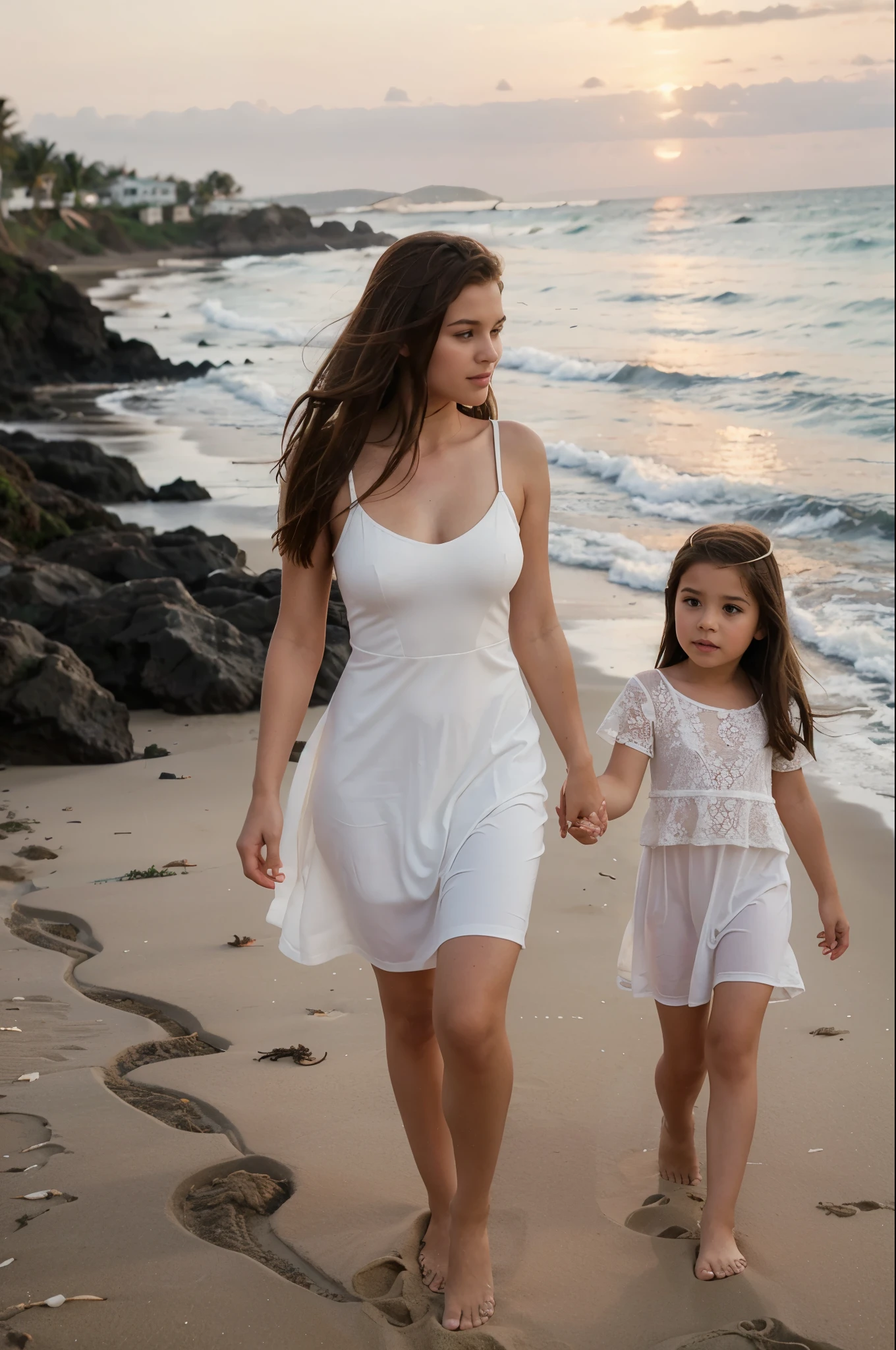 A woman with brown hair in a tight white dress walks along the beach with a at sunset