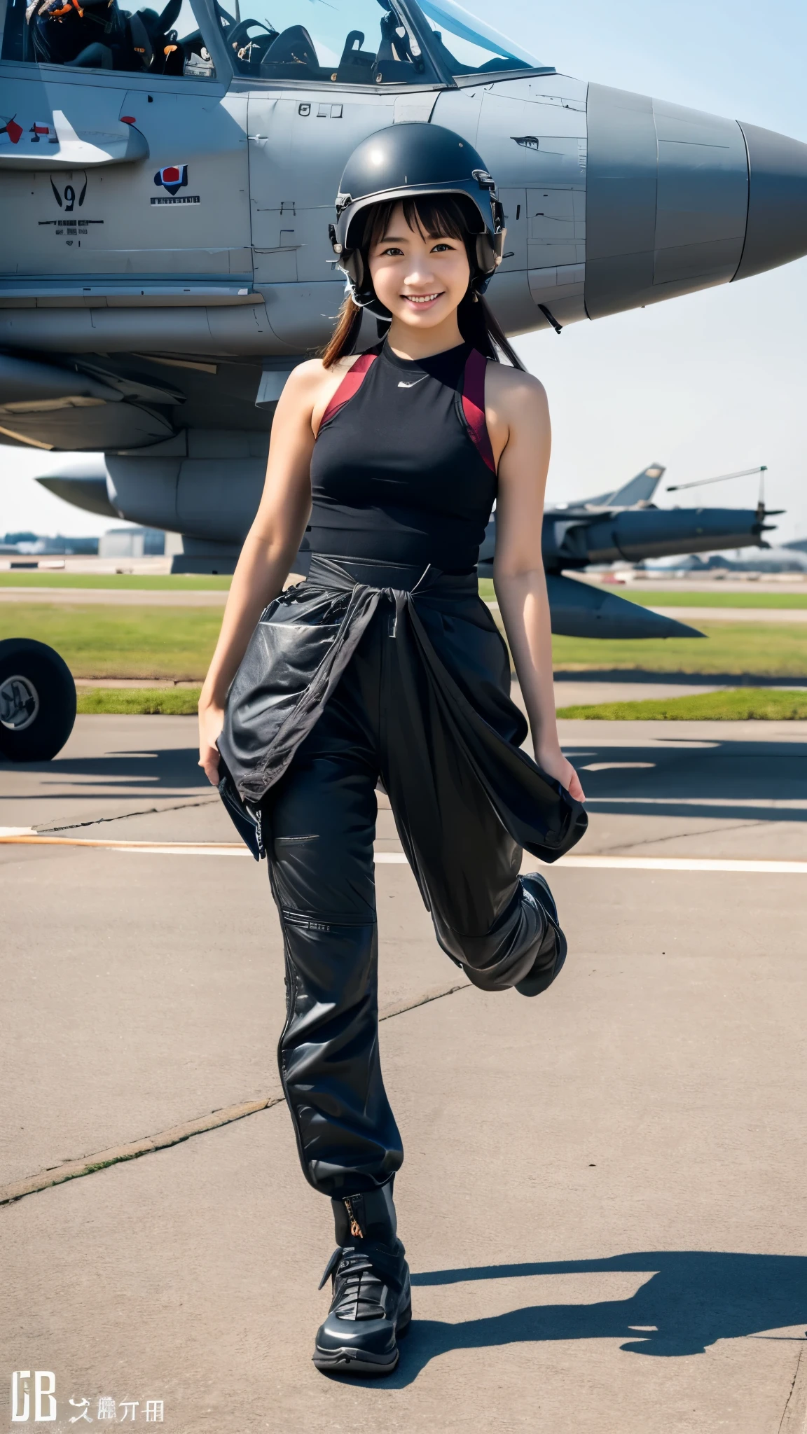 highest quality, 4K quality, Japan Air Self-Defense Force、18 year old Japanese female pilot、Air base、Jet fighter on the background、Flight suit、take off your jacket、The upper body is in a tank top、full body figure,Holding a helmet