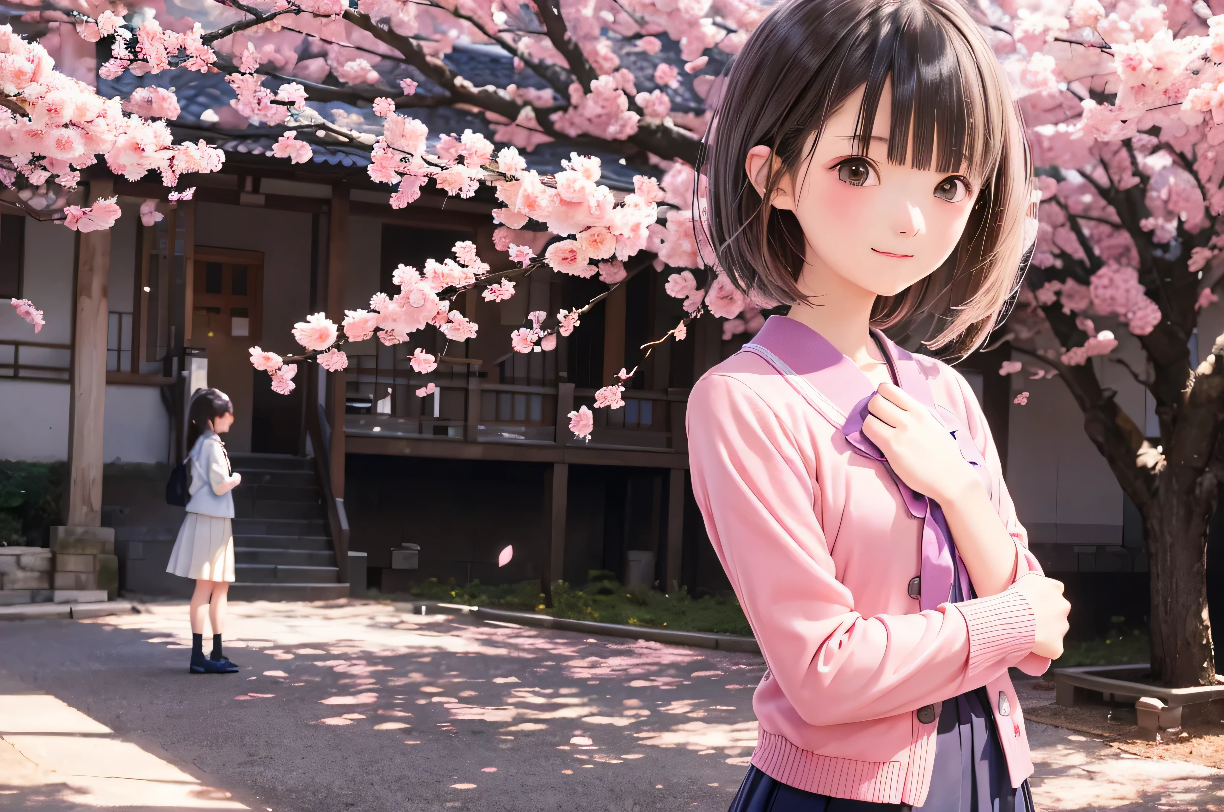 Anime-style portrait of Japanese junior high school girls standing under spring cherry blossoms. she is looking to the side, her long brown hair blows in the wind. The girl has a calm expression, While watching the falling cherry blossoms illuminated by soft pink light. her eyes are black and shining, with a subtle smile. She is wearing a Japanese school uniform with a white blouse and a navy blue cardigan。, Shining in the soft spring sunlight. The girl is depicted small in the frame. in the background, There are blurred branches of bright pink cherry blossoms. The scene exudes tranquility, Bright, and peaceful atmosphere, Reminds you of the beautiful moments of Japanese anime.