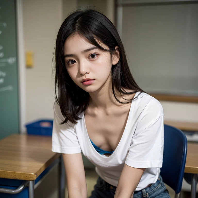 1girl, downblouse, ****, munechira, small breasts,  small chest,  looking away,  leaning forward,  expressionless,  casual  t shirt ,plus blue bra within with ribbons, desk, in school,