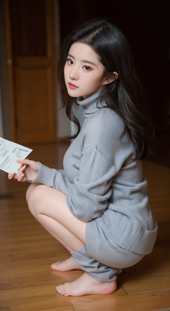 (1 Sister), Big breasts, wear a turtleneck, (Wet)((masterpiece)), ((best quality)), (Super detailed), one pretty woman ,my own, beautiful light brmy own hair, wavy long hair , ((beautiful eyes)), huge , baggy clothes ,Put your hands behind your back,The girl is crouching in the corner, Perfect body, Cover your hands, Kneel on the floor,Unlimited favor, Well-behaved and obedient sister,Can't refuse,full body view