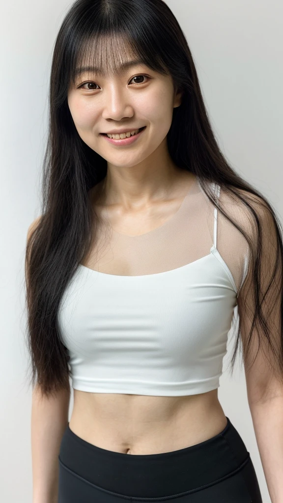 a woman with long hair smiling at the camera, this person does not exist, 25 years old, wearing black leggings and a white tshirt, christy ren-nanae kawahara-meg kimura-rinko kawaichi-aoi ogata-narumi kakinouchi-ayamin kojima-gemma chen-marin kitagawa-mayuri shiina-kiyoko suzuki-katherine lam-mariko mori merged, entire body visible, full body, hyperrealistic, best quality, 8K, real human skin, masterpiece, extremely intricate, medium closeup, detailed eyes, detailed face, detailed body, exaggerated features, pronounced features