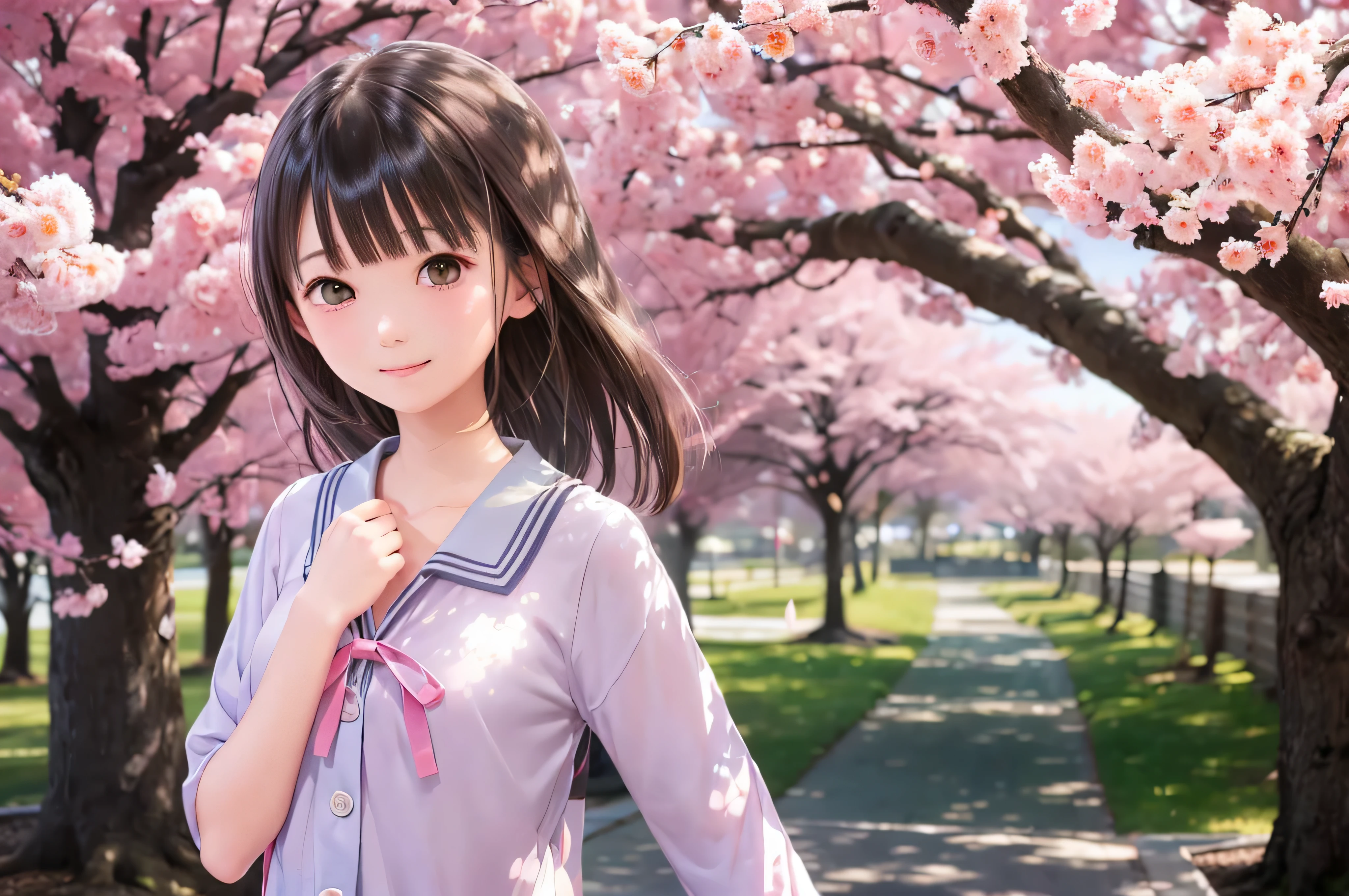 Anime-style portrait of Japanese junior high school girls standing under spring cherry blossoms. she is looking to the side, her long brown hair blows in the wind. The girl has a calm expression, While watching the falling cherry blossoms illuminated by soft pink light. her eyes are black and shining, with a subtle smile. She is wearing a Japanese school uniform with a white blouse and a navy blue cardigan。, Shining in the soft spring sunlight. The girl is depicted small in the frame. in the background, There are blurred branches of bright pink cherry blossoms. The scene exudes tranquility, Bright, and peaceful atmosphere, Reminds you of the beautiful moments of Japanese anime.