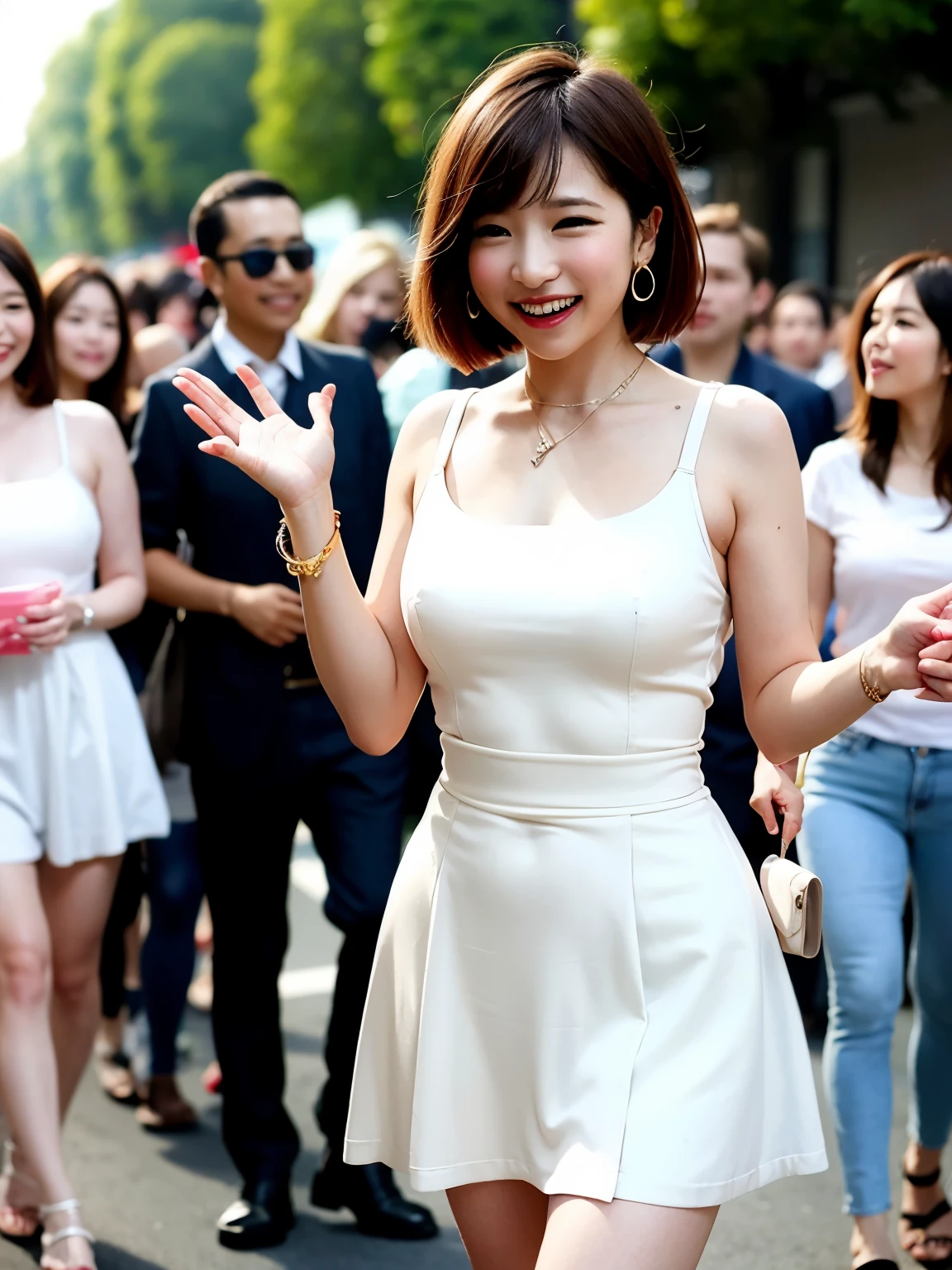 Woman waiting for people on street corner in transparent clothes、highest quality、Girl 1ten mens、big and full breasts、Day、bright、blur background、Bokeh、outside the house、(Street style:0.8)、(human々、a large crowd gathers:1)、Gorgeous(Very short hair、amount:1.2)、Beautiful sky with details、earrings、(dynamic pose:1.2)、 (Upper body:0.8)、soft lighting、Wind、glowing skin、laughter、drooping eyes、Yellow sandals、