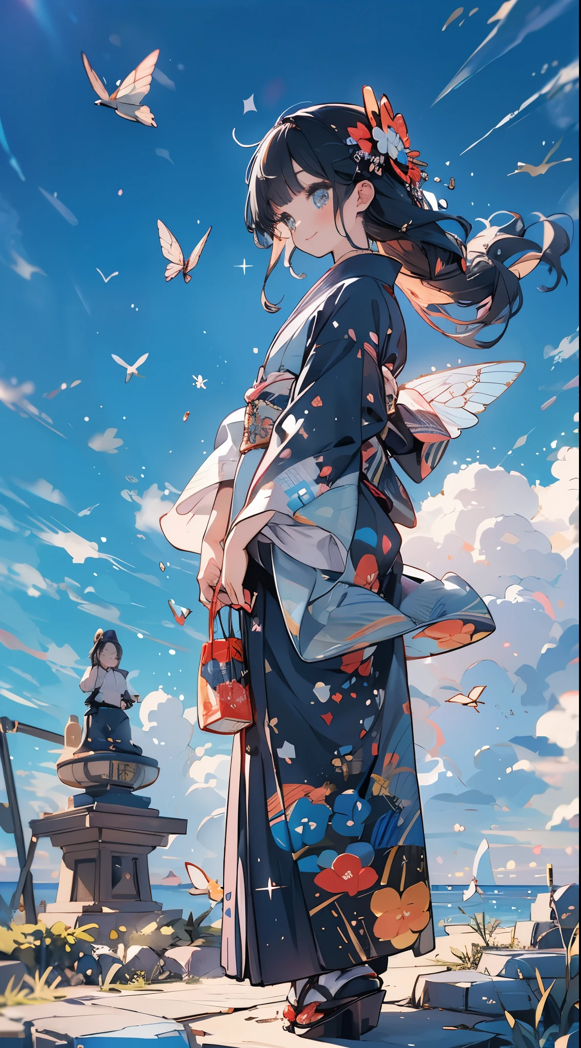 A cloudless blue sky day,The overall theme is navy blue.,angle from below,nice smile1girl,facing forward,Luxury black, white and blue kimono,Haori and kimono fluttering in the wind,I'm praying with my hands on my chest that this year will be a good year too.,praying pose,long hair fluttering in the wind,delicate makeup,short bangs,Wearing sparkling aquamarine accessories,可愛いgirl,luxurious hairpin,first visit of the year to a shrine,delicate makeup,colored contact lenses,short bangs,Sparkly glitter