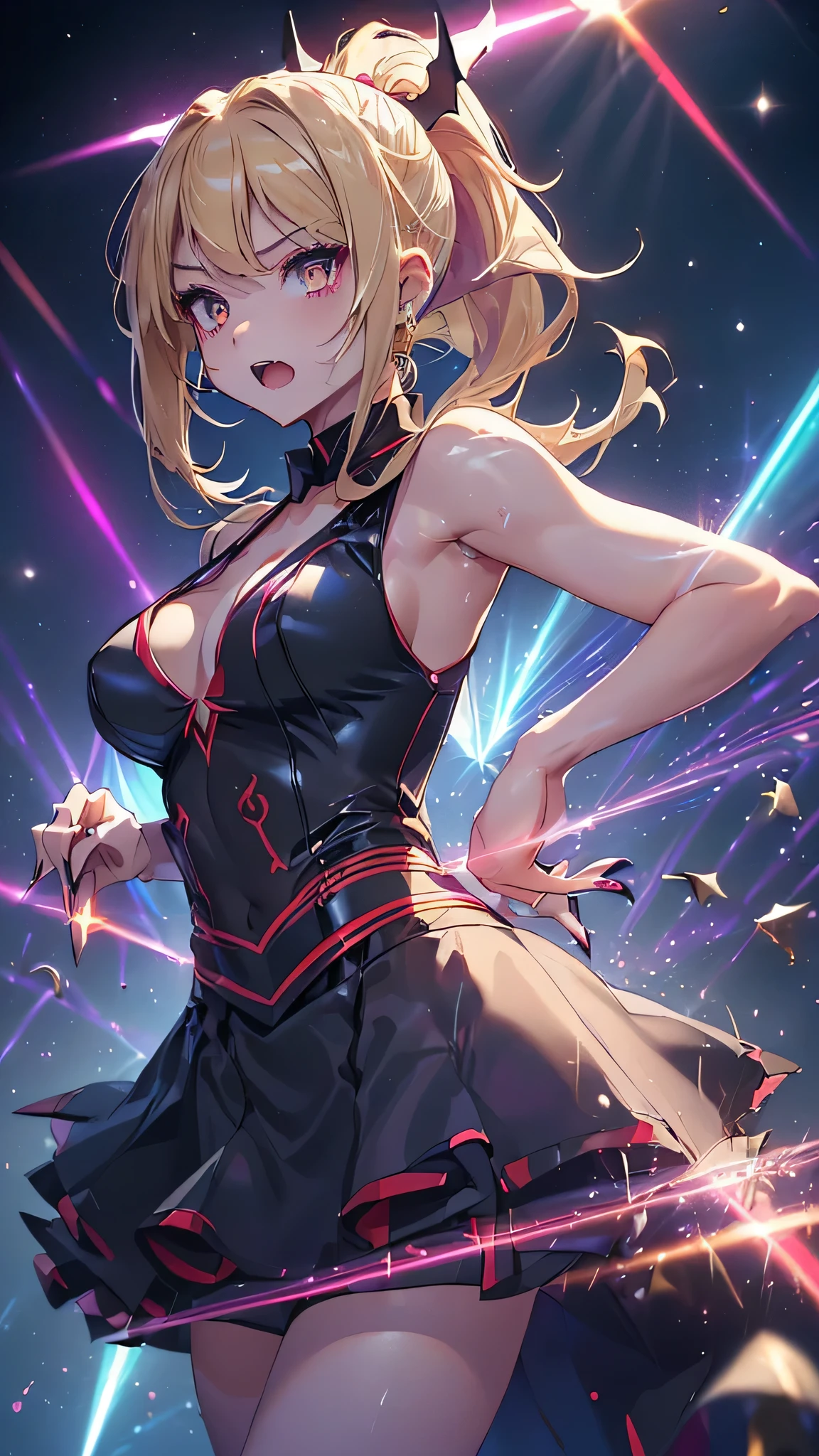 highest quality、Highest image quality、masterpiece、age girl((18-year-old、 Agar、vest bust、medium bust,wide open breast tea、golden eyes, blonde、ponytail、slender,highest valley、red vampire skirt、vampire makeup、Black wings、white powder makeup、red nail polish、gothic lolihion、vampire teeth、black underwear、claw pose、open your mouth wide、spinning pose、Have a microphone、A posture of leaning forward、bat hair ornament)),high quality、beautiful art、background((night live house、red laser light、blue laser light、random laser points、Virtual space、golden laser beam、purple laser light)),muste piece、Depth of written boundary、movie、visual art、perfect art、