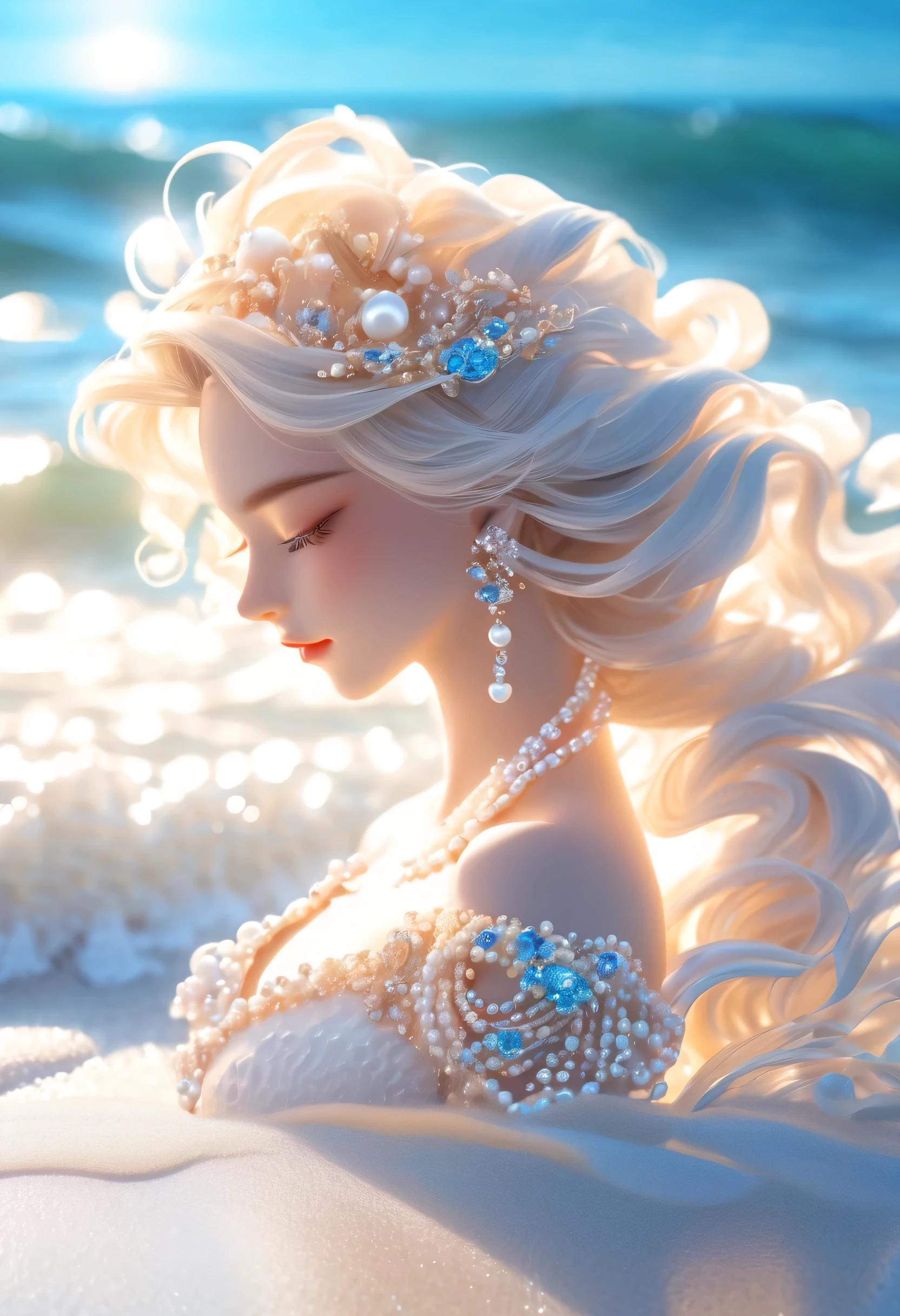 Pearl, placed on white sand beach, in the water, waves, sunshine, blue background, beautiful romance, fashion photography, HD rendering, virtual engine, HD 8k