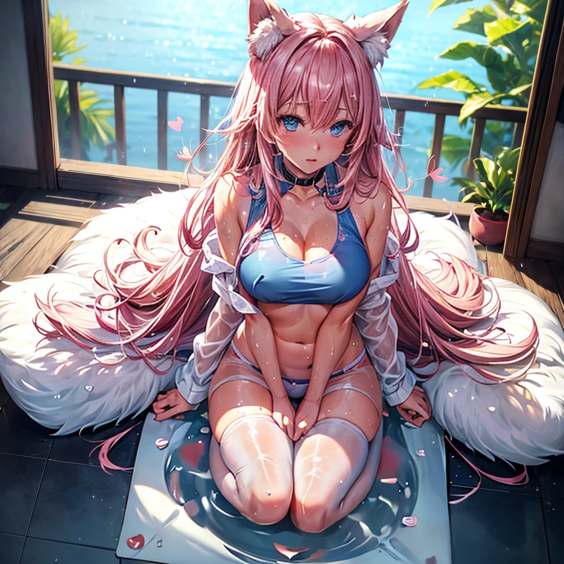 One girl anime styled。girl with。Blue eyes。 in estruig fox Tail。Looking at the camera,fox ear, pink hair, white crop top, fox tail, girl 18 old , utral light, sitting in the bedroom,hair hair, wear pantie, wear dress, salon,Wet and see-through、cute little、blushed、Chest cleavage、thighs thighs thighs thighs、No bra、witheout panties、high-level image quality、Vivid、high detailing、(( breast: 1.2)), ((blush face: 1.3)),((wet clothes:1.5)),wear white legwear,pink bikini,,((peeing:1.5)),((blushing face:1.4), (heart-shaped pupil:1.4), (sweaty:1.5), open months, ((full body))