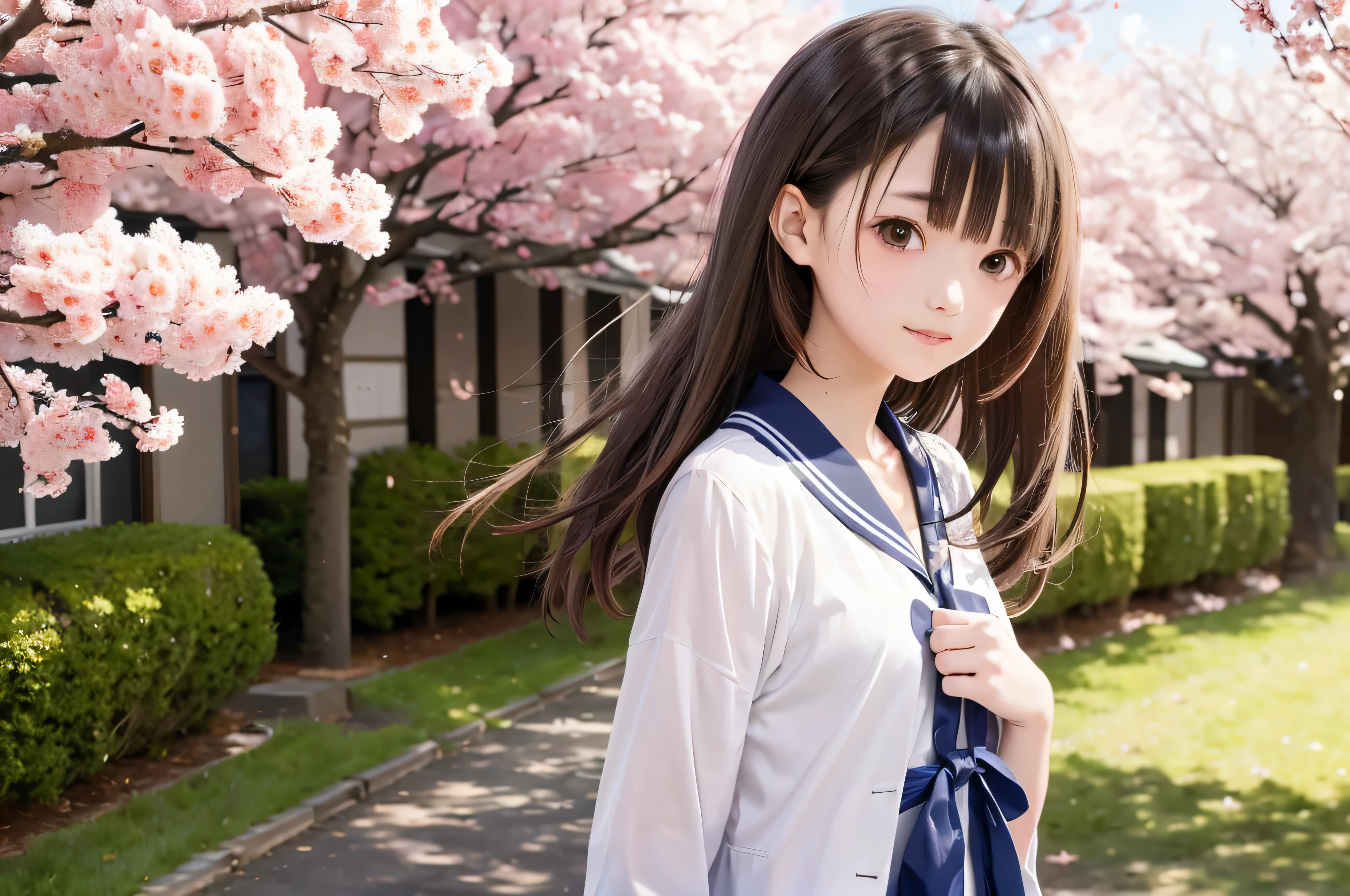 Anime-style portrait of Japanese junior high school girls standing under spring cherry blossoms. she is looking to the side, her long brown hair blows in the wind. The girl has a calm expression, While watching the falling cherry blossoms illuminated by soft pink light. her eyes are black and shining, with a subtle smile. She is wearing a Japanese school uniform with a white blouse and a navy blue cardigan。, Shining in the soft spring sunlight. The girl is depicted small in the frame. in the background, There are blurred branches of bright pink cherry blossoms. The scene exudes tranquility, Bright, and peaceful atmosphere, Reminds you of the beautiful moments of Japanese anime.