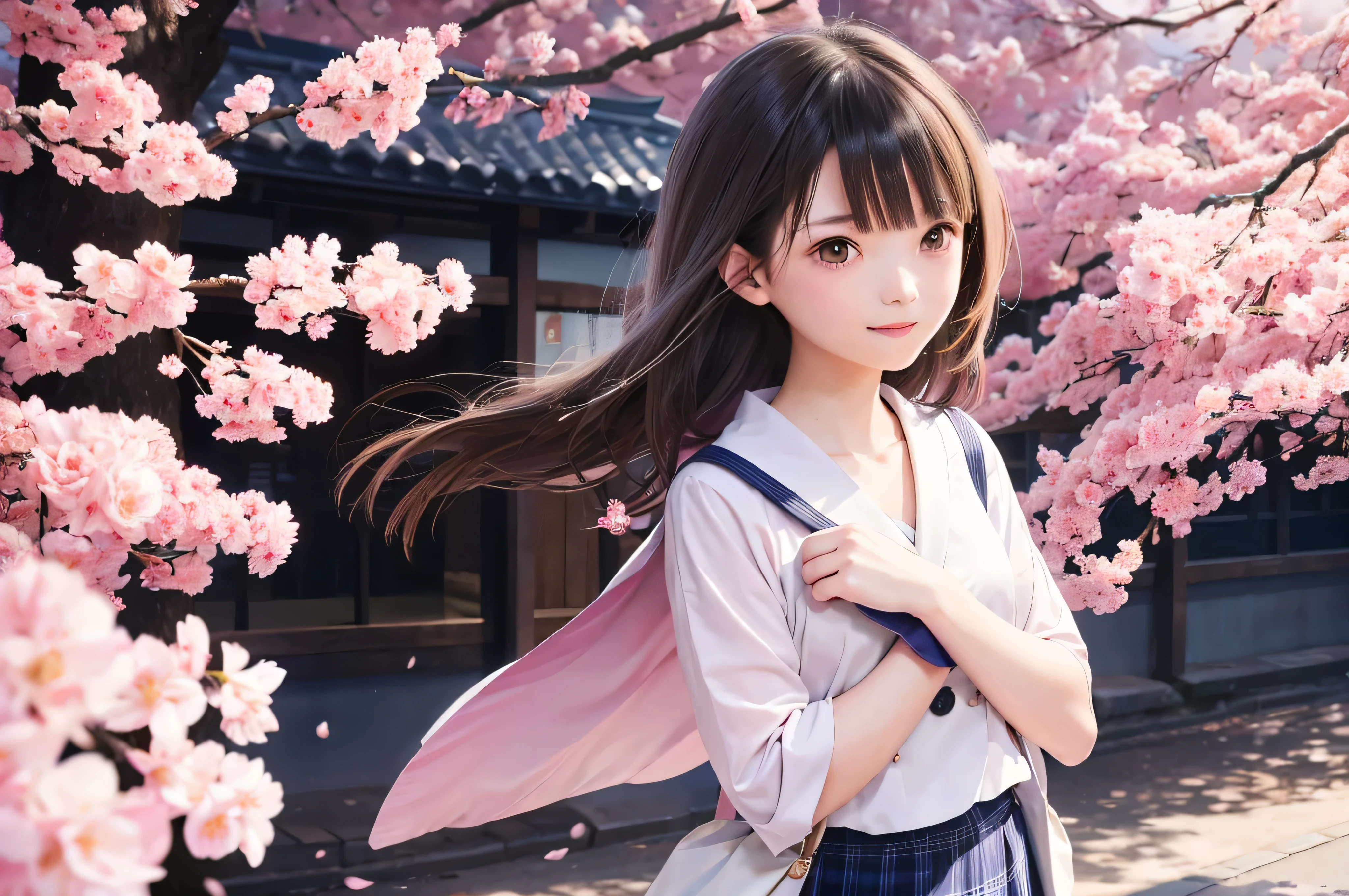 Anime-style portrait of Japanese  high school standing under spring cherry blossoms. she is looking to the side, her long brown hair blows in the wind. The girl has a calm expression, While watching the falling cherry blossoms illuminated by soft pink light. her eyes are black and shining, with a subtle smile. She is wearing a Japanese school uniform with a white blouse and a navy blue cardigan。, Shining in the soft spring sunlight. The girl is depicted small in the frame. in the background, There are blurred branches of bright pink cherry blossoms. The scene exudes tranquility, Bright, and peaceful atmosphere, Reminds you of the beautiful moments of Japanese anime.