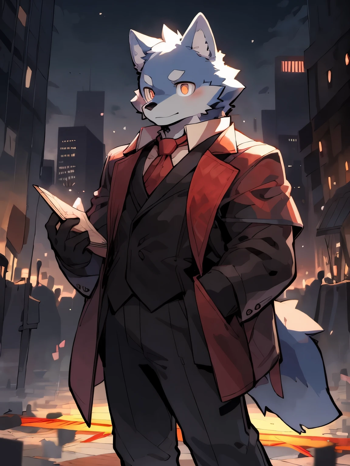 masterpiece, best quality, perfect anatomy, Bright Eyes, big watery eyes, By Ruhu1145, hairy, Wolf, foggy blue fur(trigger:0.3), muscular man, alone, clothed, City，magician，Summoning Array