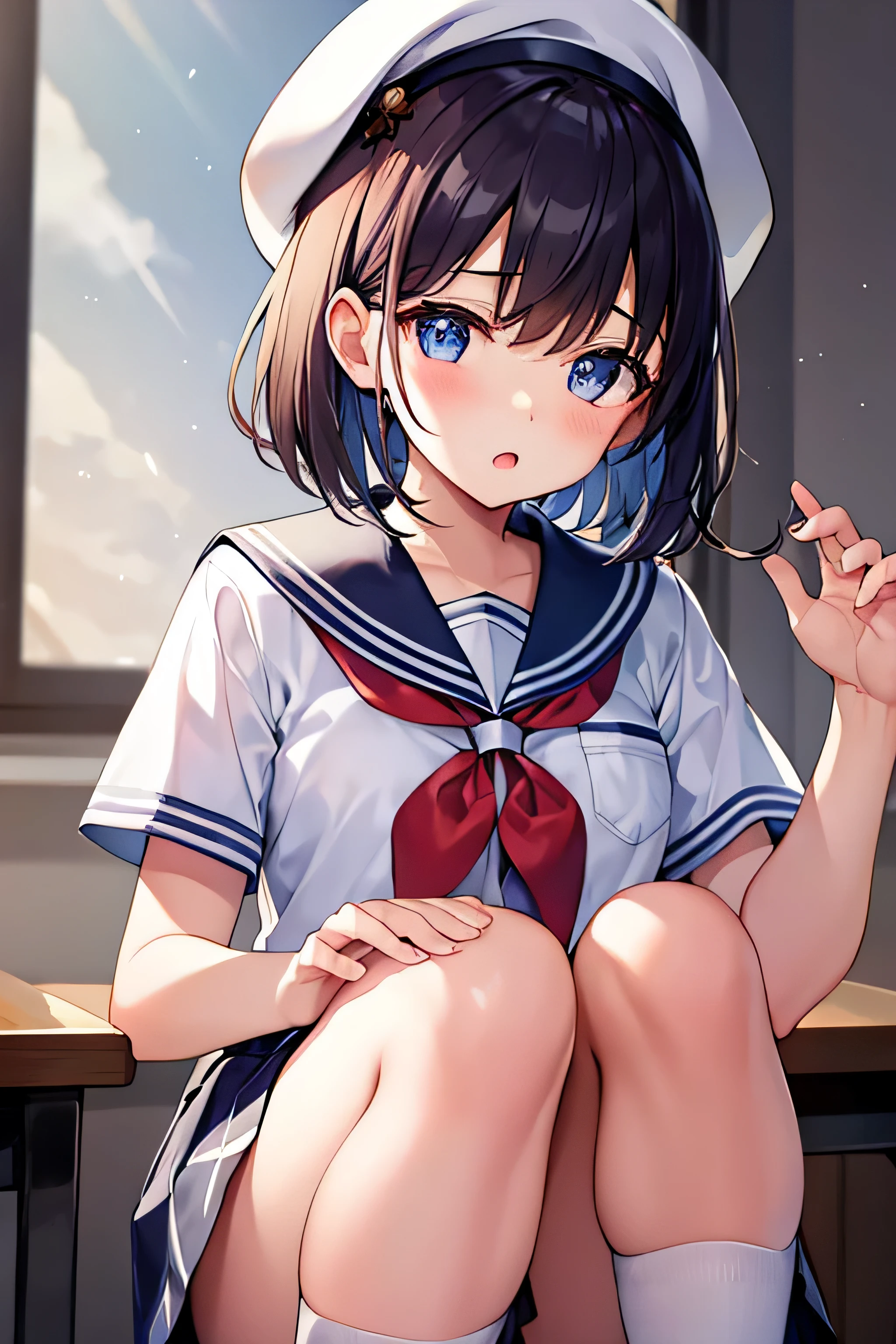 masterpiece、Highest image quality、ultra high resolution、well developed girl、、short hair、red face、mock、Please open your mouth just a little、short sleeve sailor suit、kids mini skirt、white beret for kids、kids knee socks、inside the classroom