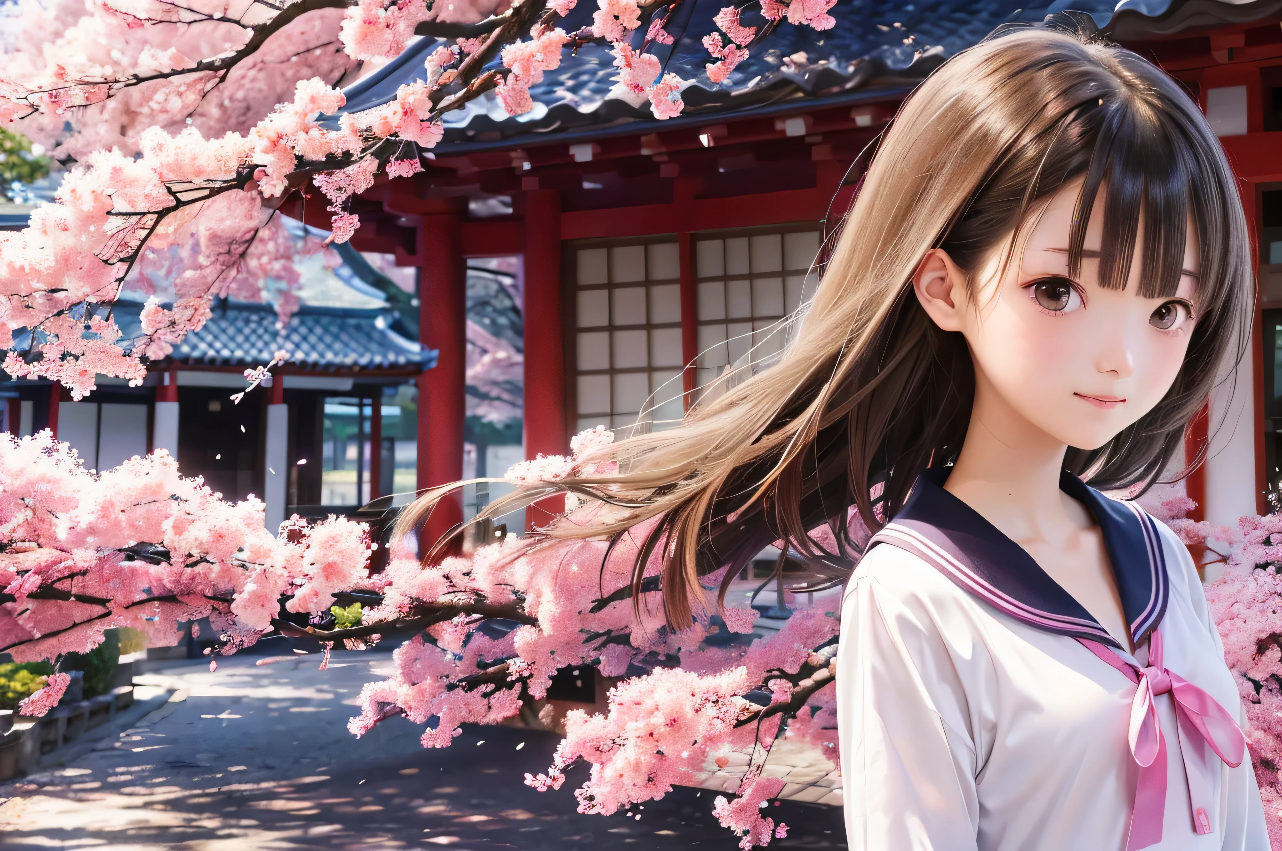 Anime-style portrait of Japanese  high school standing under spring cherry blossoms. she is looking to the side, her long brown hair blows in the wind. The girl has a calm expression, While watching the falling cherry blossoms illuminated by soft pink light. her eyes are black and shining, with a subtle smile. She is wearing a Japanese school uniform with a white blouse and a navy blue cardigan。, Shining in the soft spring sunlight. The girl is depicted small in the frame. in the background, There are blurred branches of bright pink cherry blossoms. The scene exudes tranquility, Bright, and peaceful atmosphere, Reminds you of the beautiful moments of Japanese anime.