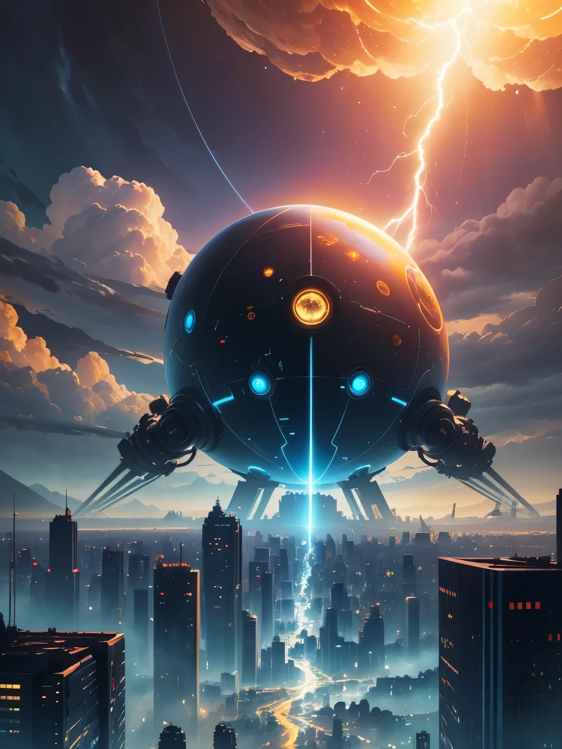 All golden，Left，Power Equipment，crystal clear，large sphere，Emit blue light，background with，future technology，cyberpunk city，Large mechanical building，big gear，doomsday ruins，giant tornado，strange sky，lightning thunder，sunset fire clouds，multiple planets，end of the world，giant tornado
