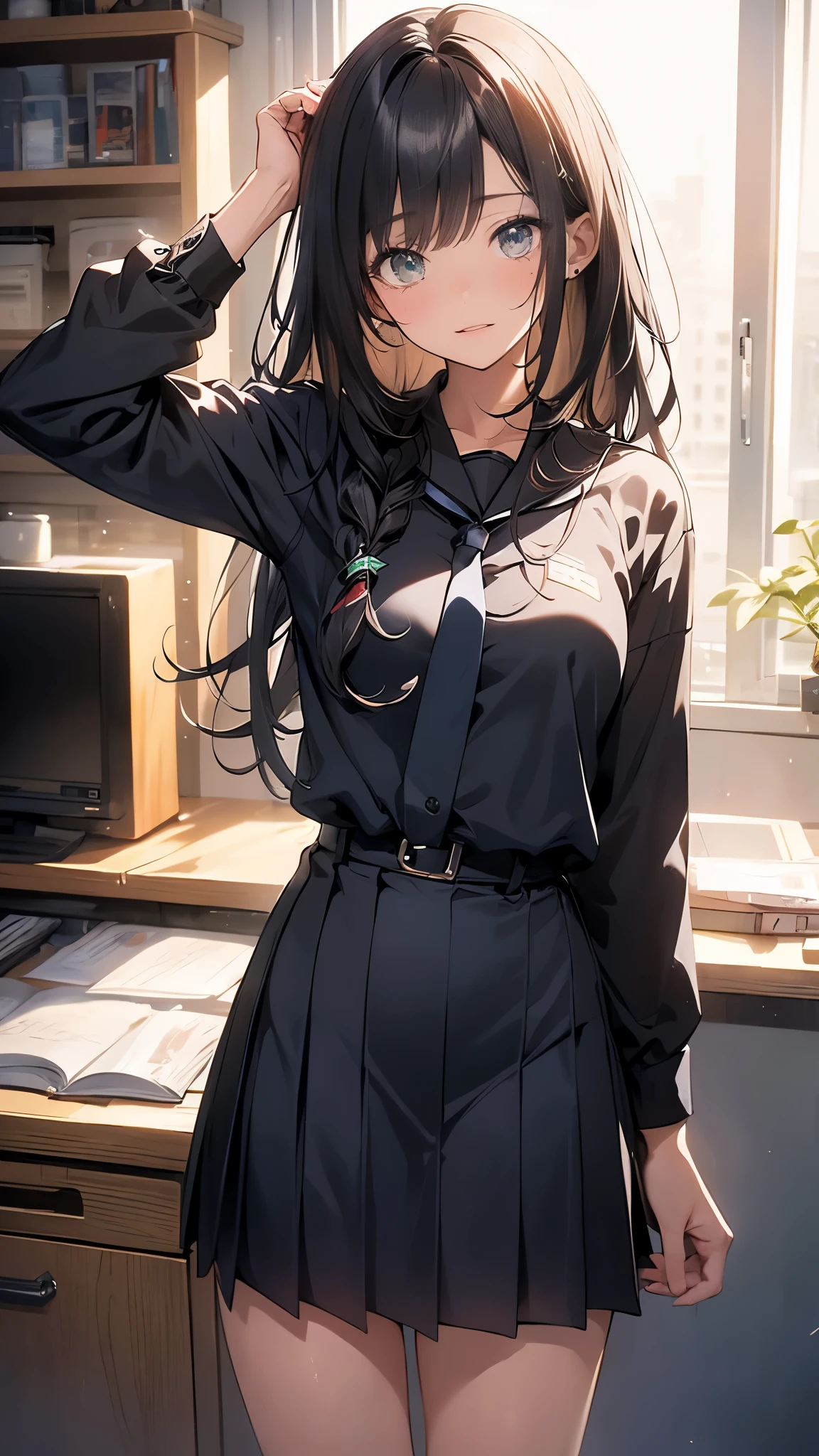 one scene, (masterpiece), highest quality, (((super detailed, 8K quality)))、black eyes、black hair、long hair、bangs、Black school uniform、long sleeve、Thighs visible through the skirt、