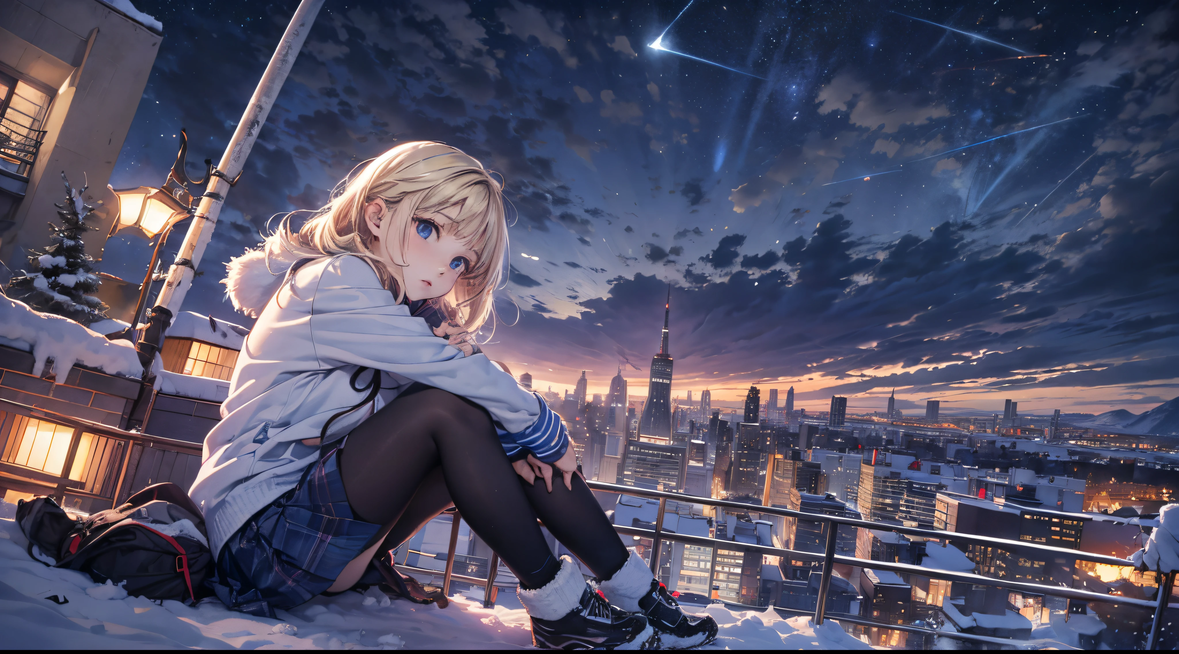 on the table,8k,Octane number, sky sky, Star(sky sky), landscape, starry sky, night, 1 girl in, night sky, Report, outdoor, built, Cloud, Milky Way, sit on it, City, contour, City景观,(short, Low ponytail blonde:1.2),(dark blue eyes:1.3),(winter school uniform:1.1)