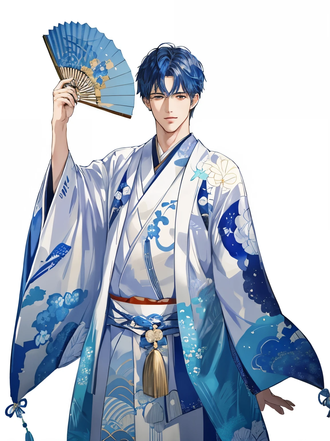 Japan、Japanese style、A beautiful patterned kimono with a beautiful blue and white gradation.、handsome man、Fan in hand、Highly Detailed CG Unity 8K Wallpaper, (super masterpiece, It's photorealistic, hyper realistic)、
