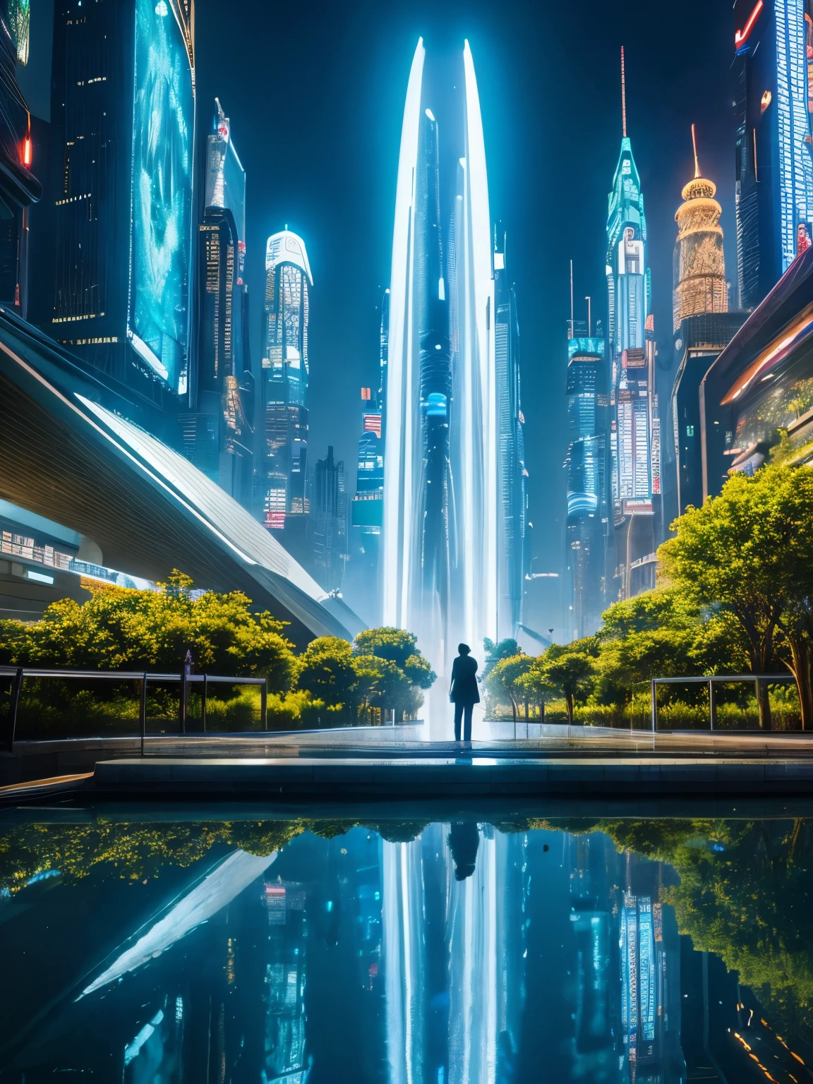high quality、high resolution photos、technology, nature and people々The spirits of are in perfect harmony、A futuristic city that looks like a bright science fiction movie