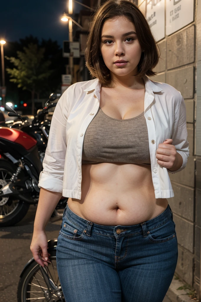 ((plus size fat white woman)) ((straight light brown hair)) She wears a red and black flannel blouse, jeans and a red all-star. she is alone in front of a motorcycle club at night. She has her mouth closed. perfecteyes eyes.