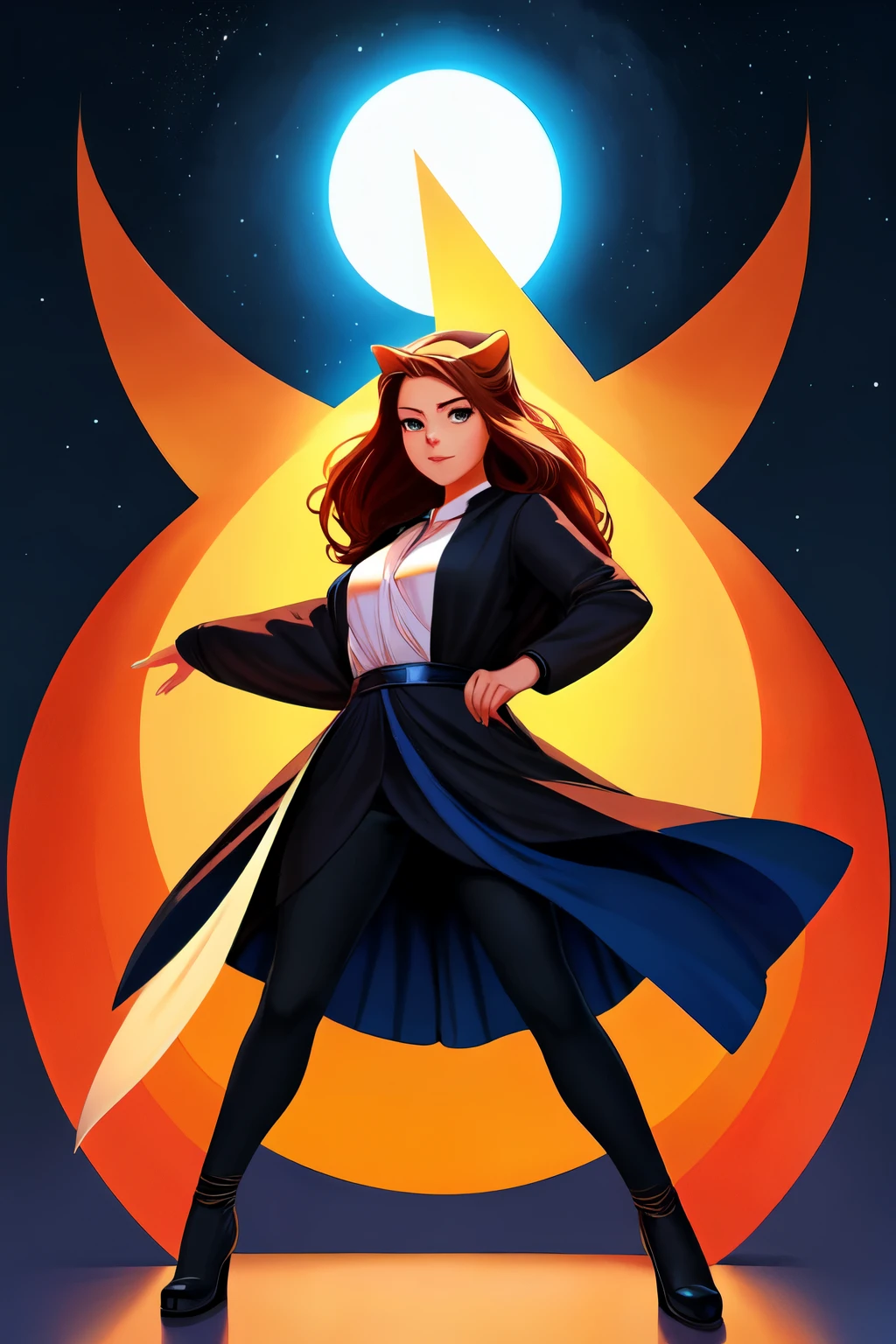 ((best quality)), ((masterpiece)), (detailed), perfect face, Minimalist illustration, a beautiful woman, gorgeous hazel eyes with a hint of green staring at the viewer, muse of the arts, dancing linework, resonating with a secret tune, orange blue gradient background, highly detailed, deep darks, high contrast, masterpiece, 8k, French vibe, art by Hayao Miyazaki AND Phil Noto