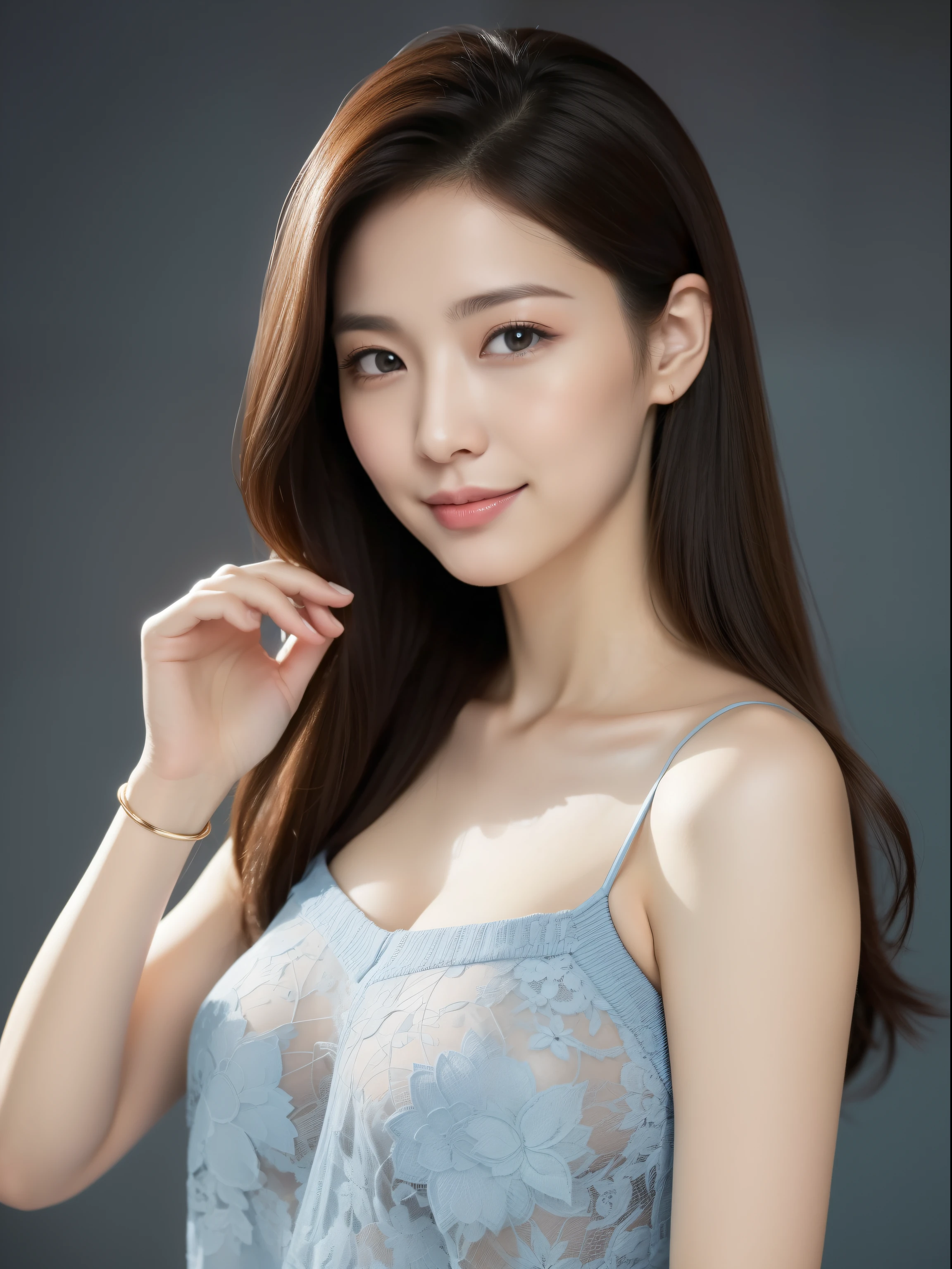 Beautiful 32 year old woman。She wears a tight camisole in light blue-gray satin fabric。Black lace at chest and hem..。A sweet smile。Her dark brown hair is、her hair is long and straight。High resolution、masterpiece、highest quality、head w:1.4、((hasselblad photography))、fine skin、fine knit、(movie lighting)、clavicle