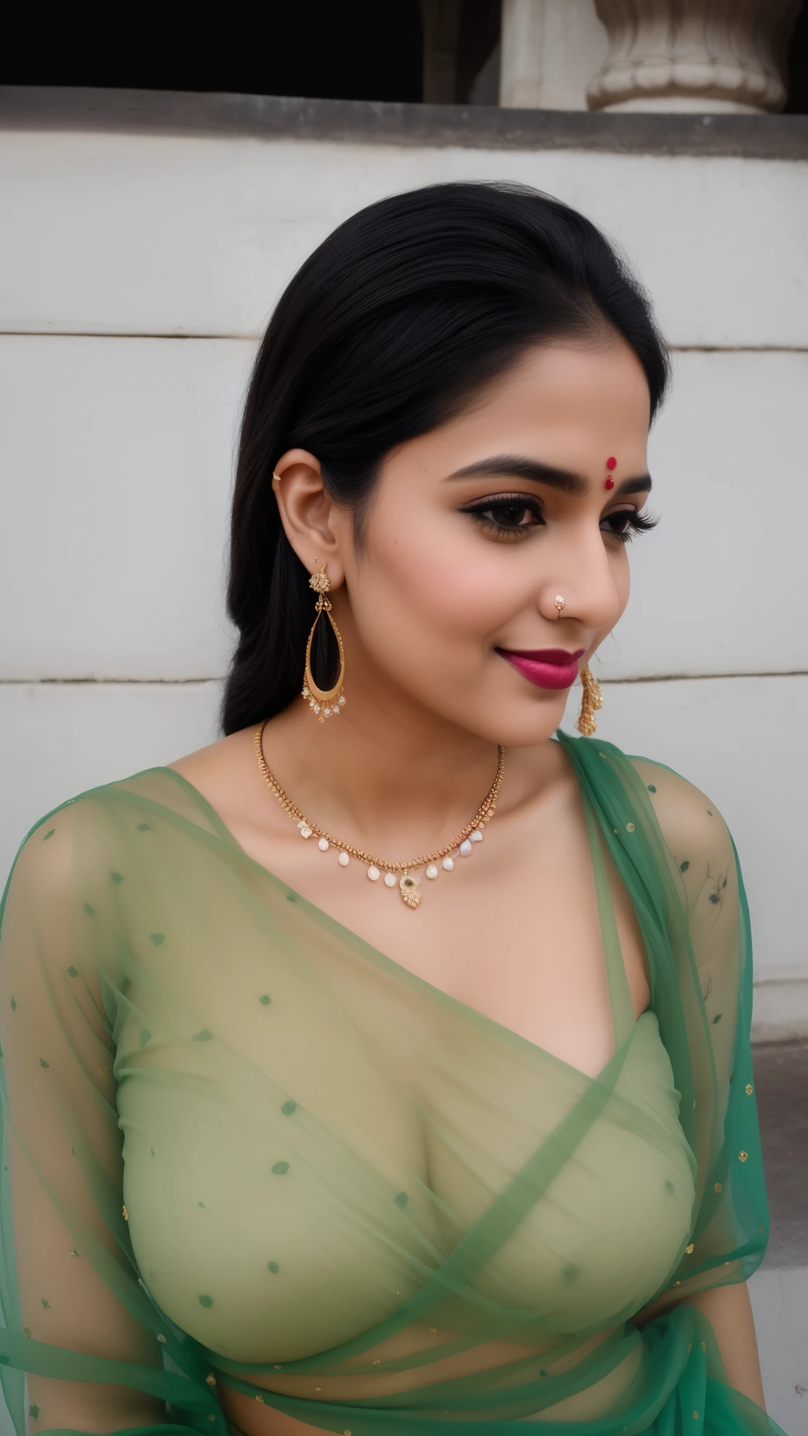 RAW photo, face portrait photo of beautiful 26 y.o woman, cute face, wearing black white sari, happy face, hard shadows, cinematic shot, dramatic lightin, small tatoos on neck ,medium boobs, long hair, dramatic background, dark pink lips, sexy figure , multi color background, tajmahal background