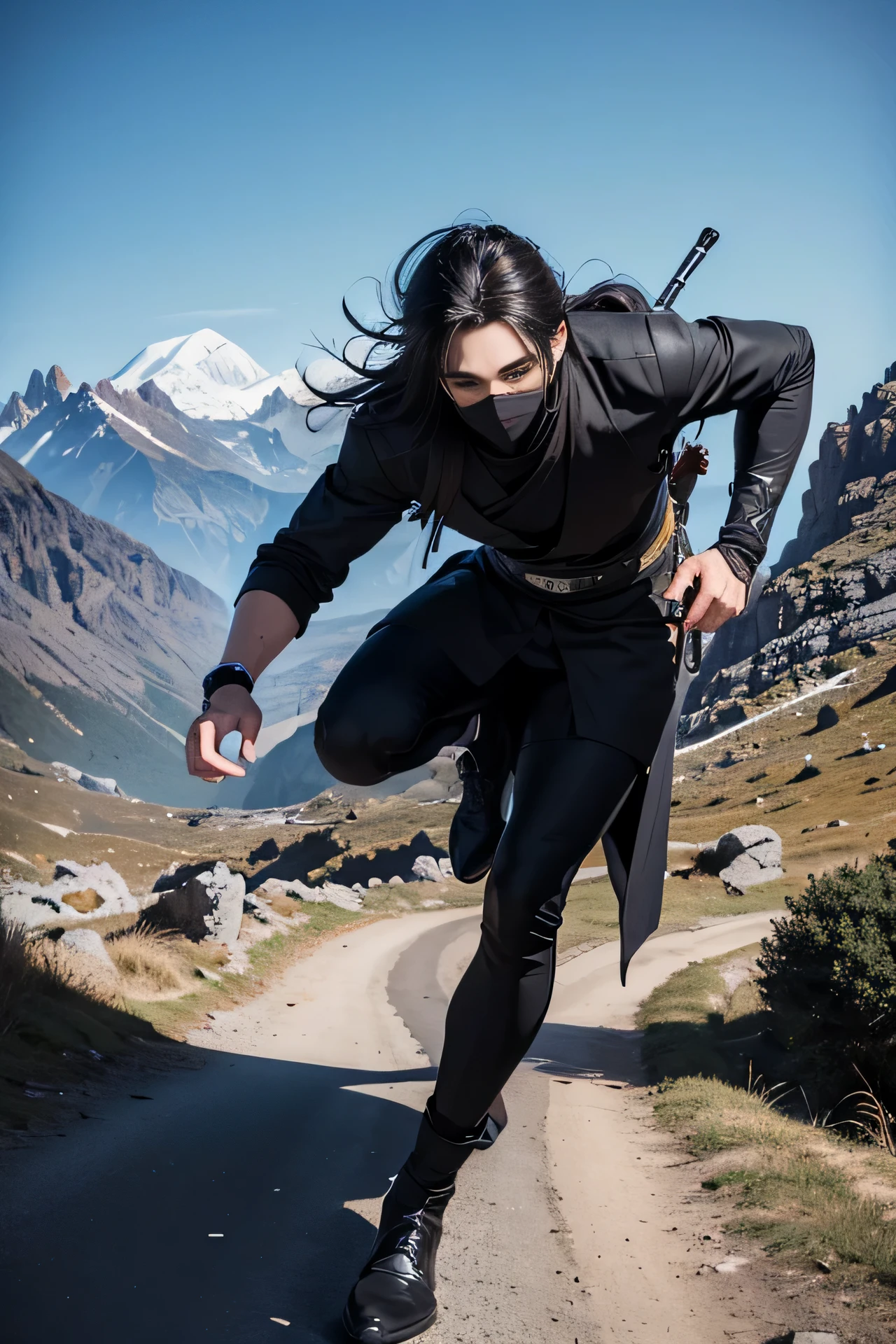 Best quality, masterpiece, ultra high res, (photorealistic:1.4), detailed face, detailed eyes, raw photo, young handsome male, black hair, (full body), perfect face, perfect hands, perfect eyes, view from top, (mountain background:1.2), (night), wearing black clothes, ((assassin)), ninja, black face covering, ((running))