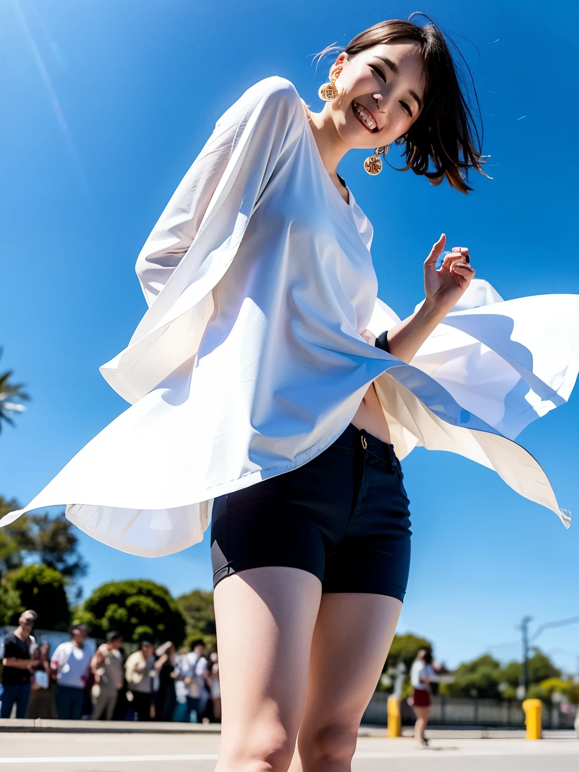 Woman waiting for people on street corner in transparent clothes、highest quality、Girl 1ten mens、big and full breasts、Day、bright、blur background、Bokeh、outside the house、(Street style:0.8)、(human々、a large crowd gathers:1)、Gorgeous(Very short hair、amount:1.2)、Beautiful sky with details、earrings、(dynamic pose:1.2)、 (Upper body:0.8)、soft lighting、Wind、glowing skin、laughter、drooping eyes、Yellow sandals、