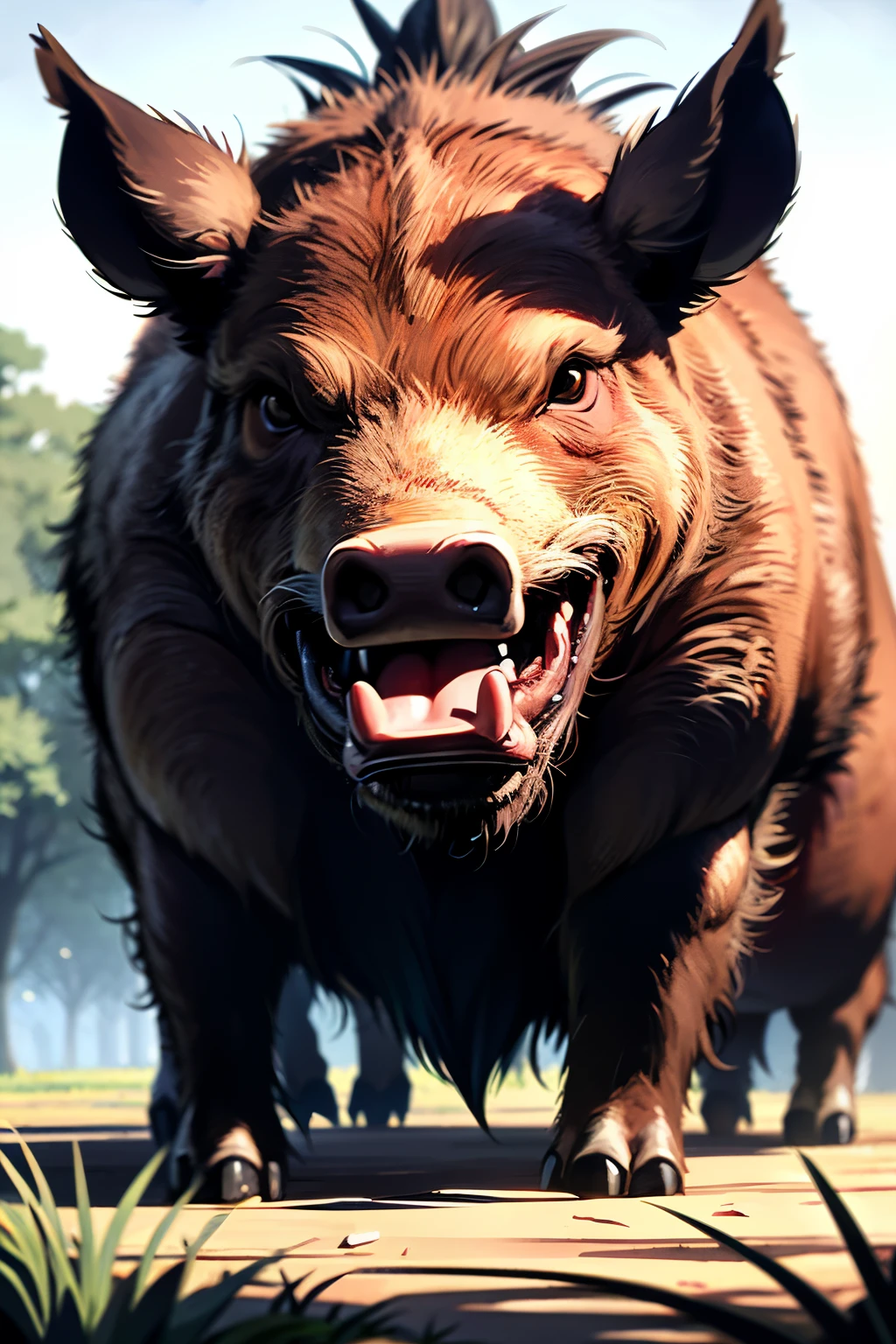 one boar, great boar, giant boar, red boar, red skin boar, in a green plain, calm face, looking at viewer, black eyes, great fangs in mouth, 4k, uggly boar