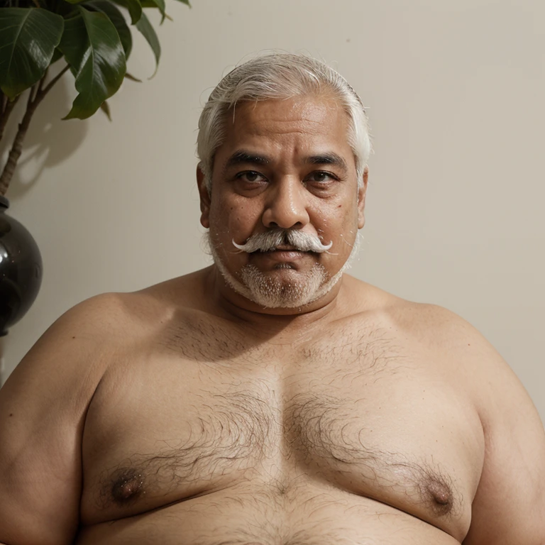 Indian old man, fat, obesity, chubby, white short hair, white bushy moustache, white thick moustache, he is about 60years old, shirtless, double chin