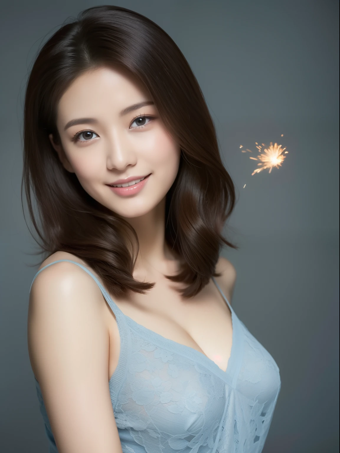 Beautiful 32 year old woman。She wears a tight camisole in light blue-gray satin fabric。Black lace at chest and hem.。Sweetie smile。Her dark brown hair is、Her hair is straight long hair。hight resolution、masterpiece、top-quality、headw:1.4、((Hasselblad photo))、Fine skin、fine textured knit、(电影灯光)、鎖骨