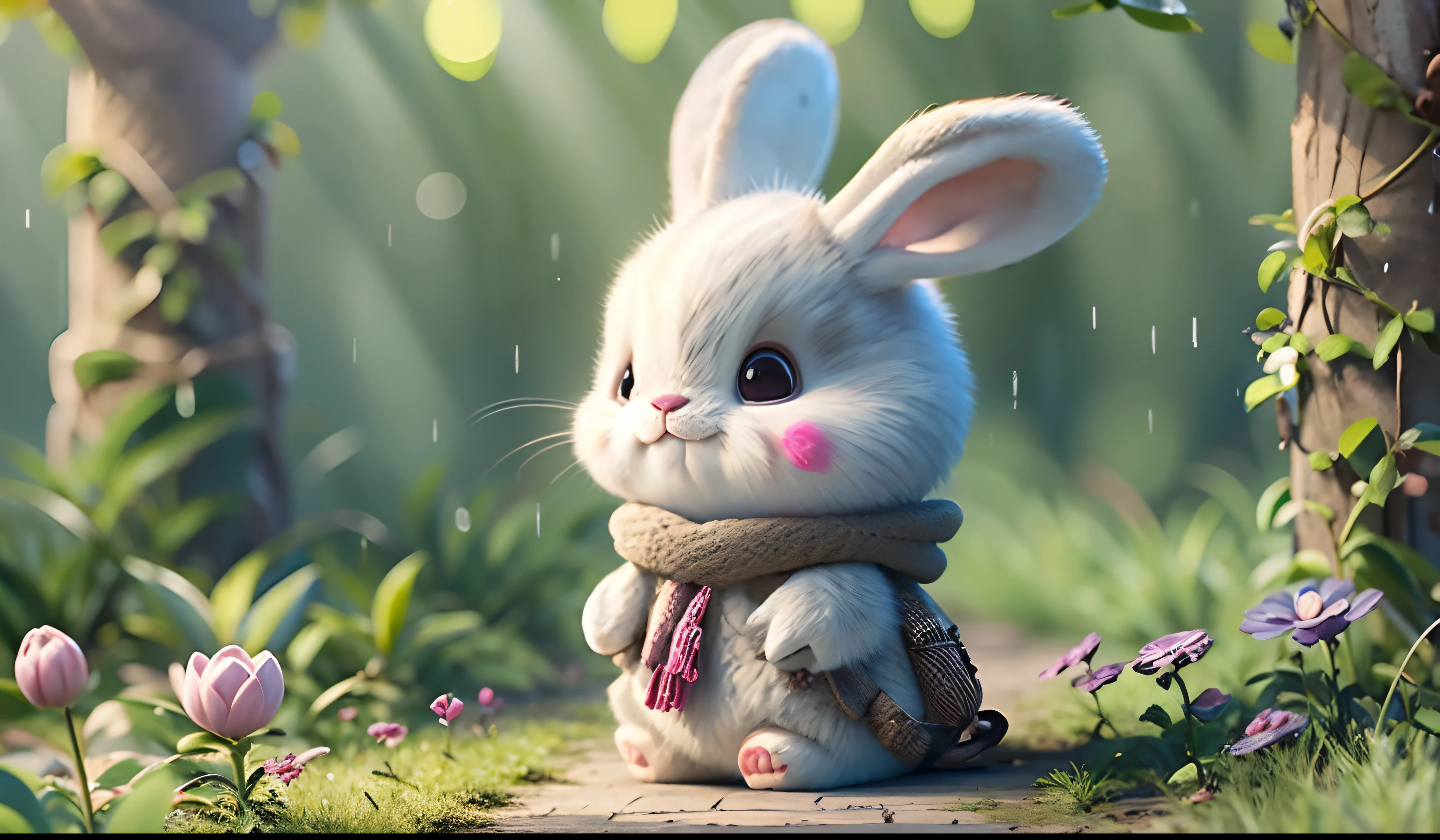 cute bunny, smiley face, Pixar, furry art, Japanese cartoons, White background, Features, full outfit、forest background、Gentle rain falls、