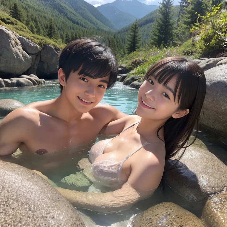 Open-air bath deep in the mountains,mixed bathing,small rock bath,Take a pose that shows off your body３A high school boy is shy with another Japanese female college student,body is in close contact