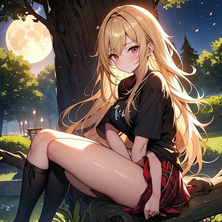 blonde、red eyes、one good looking girl、anime、lightly dressed、Plaid miniskirt、petal legs、wet hair、black t-shirt、sit on top、full moon、large tree、large tree、large tree、Seaweed、Candle fire