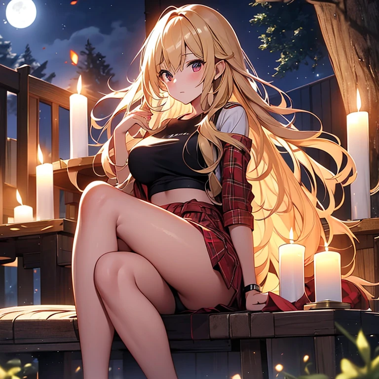 blonde、red eyes、one good looking girl、anime、lightly dressed、Plaid miniskirt、petal legs、wet hair、black t-shirt、sit on top、full moon、large tree、large tree、large tree、Seaweed、Candle fire