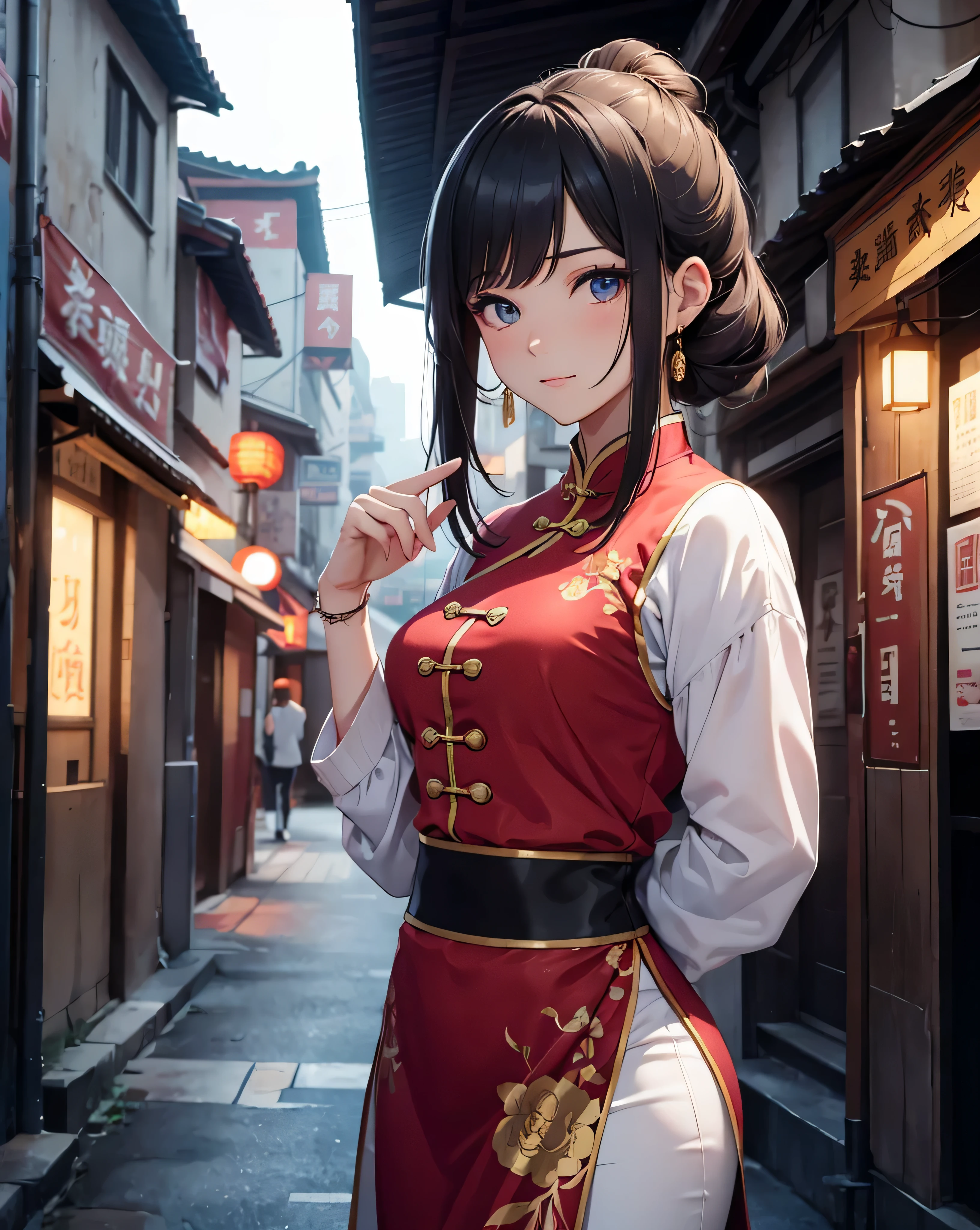 woman portrait ,20-year-old,Chinese,upper body whole body,Chinese clothes,shanghai street,cinematic lighting,