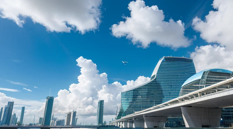 high quality、high resolution photos、technology, Nature and people々々The spirits of are in perfect harmony、A futuristic city that looks like a bright science fiction movie、blue sky、White cloud