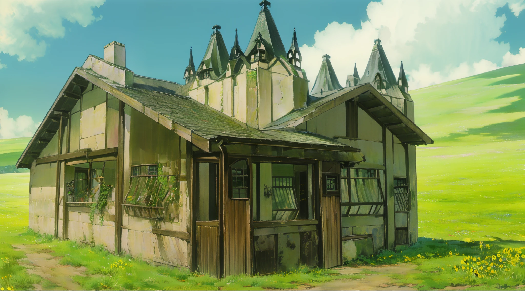 a gothic home on a field of white sunflowers, light through tall trees, morning sunrise, window bars, victorian home details, gothic architecture details, stone pathway, cut grass, wildflowers, lawn,