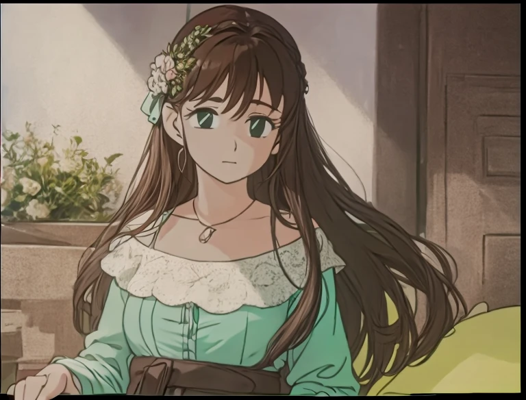 A beautiful woman with long brown hair is standing in a green dress-like outfit。