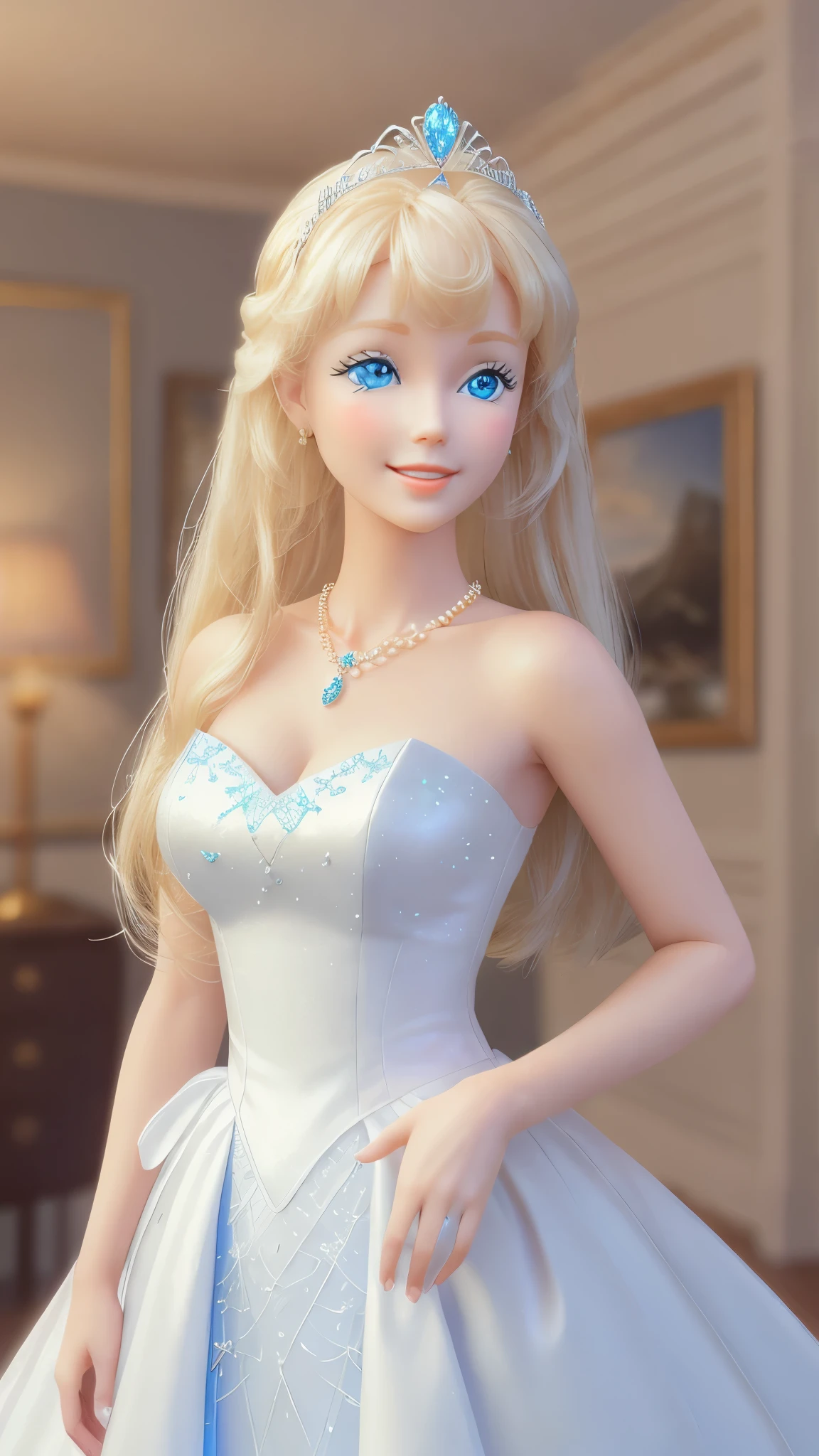 blond Barbie princess standing, Delicate detailed face, animated, detailed white skin texture, long golden hair, adorable, Clean, wide smile, glowing blue eyes, blue colored pupil, white dress, luxurious tiara, gloss, fresh flowers, landscape, ocean, mountains, pine forest, centered golden frame, center, necklaces, pearls, Disney style, high resolution, official art, unreal-engine, high dynamic range, OctaneRender, render, cinema4d, sun ray, porcelaine, looking at viewer, depth of field, from below, masterpiece, 8K, best quality, anatomically correct