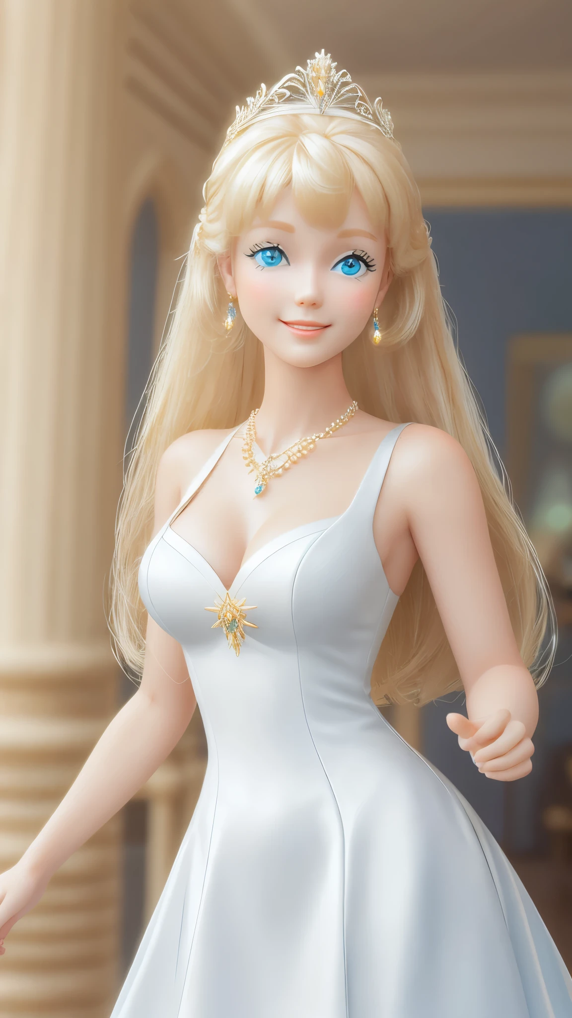 blond Barbie princess standing, Delicate detailed face, animated, detailed white skin texture, long golden hair, adorable, Clean, wide smile, glowing blue eyes, blue colored pupil, white dress, luxurious tiara, gloss, fresh flowers, landscape, ocean, mountains, pine forest, centered golden frame, center, necklaces, pearls, Disney style, high resolution, official art, unreal-engine, high dynamic range, OctaneRender, render, cinema4d, sun ray, porcelaine, looking at viewer, depth of field, from below, masterpiece, 8K, best quality, anatomically correct