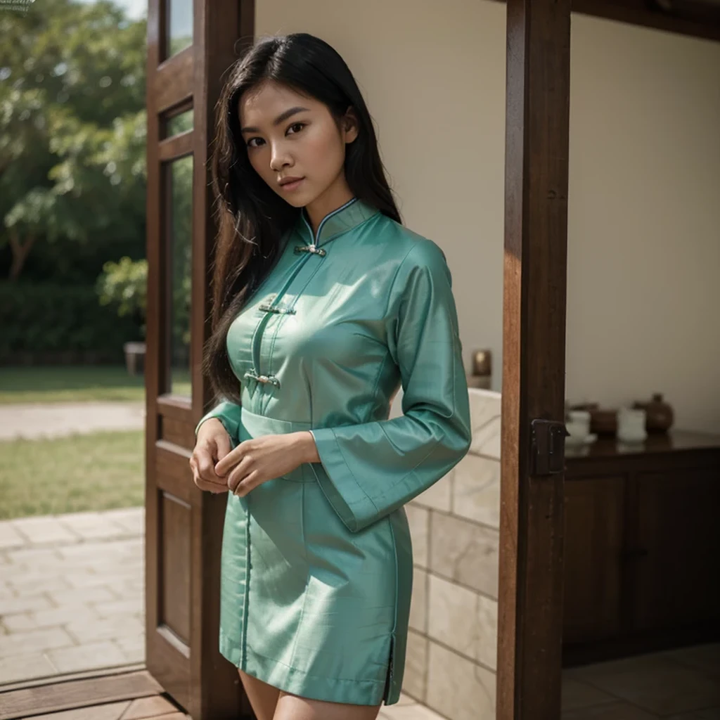 ((best quality)), ((masterpiece)), (detailed), perfect face)
Full body portrait:1.4), RAW UHD portrait photo of a 25 year old Singaporean woman named Rong with black hair that flows down to her knees, she has brown eyes and is 5'6" and slender, she wears high-end clothing and has feminine features, dslr, ultra quality, sharp focus, tack sharp, film grain (centered), fujifilm xt3, oiled skin, tan, intricate eye detail, seafoam green traditional chinese dress, standing up, smiling