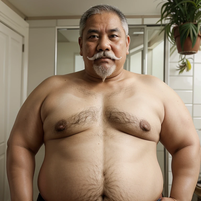 Malay old man, fat, obesity, chubby, white short hair, white bushy moustache, white thick moustache, he is 60years old, shirtless, double chin