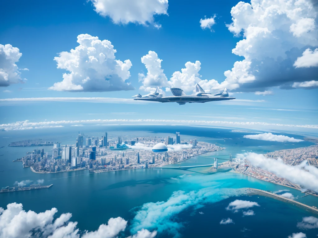high quality、high resolution photos、technology, Nature and people々々The spirits of are in perfect harmony、A futuristic city that looks like a bright science fiction movie、blue sky、White cloud