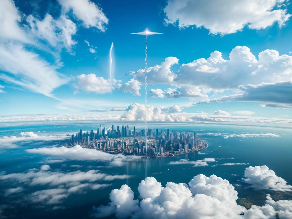 high quality、high resolution photos、technology, Nature and people々々The spirits of are in perfect harmony、A futuristic city that looks like a bright science fiction movie、blue sky、White cloud
