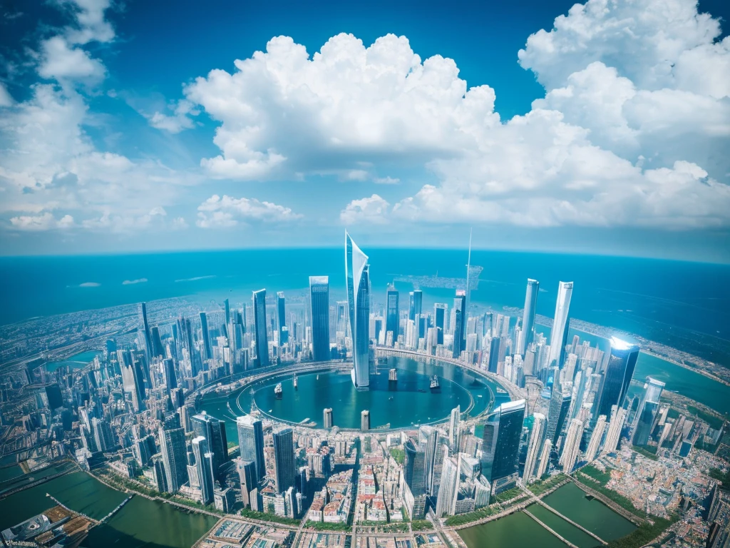 high quality、high resolution photos、technology, Nature and people々々The spirits of are in perfect harmony、A futuristic city that looks like a bright science fiction movie、blue sky、White cloud
